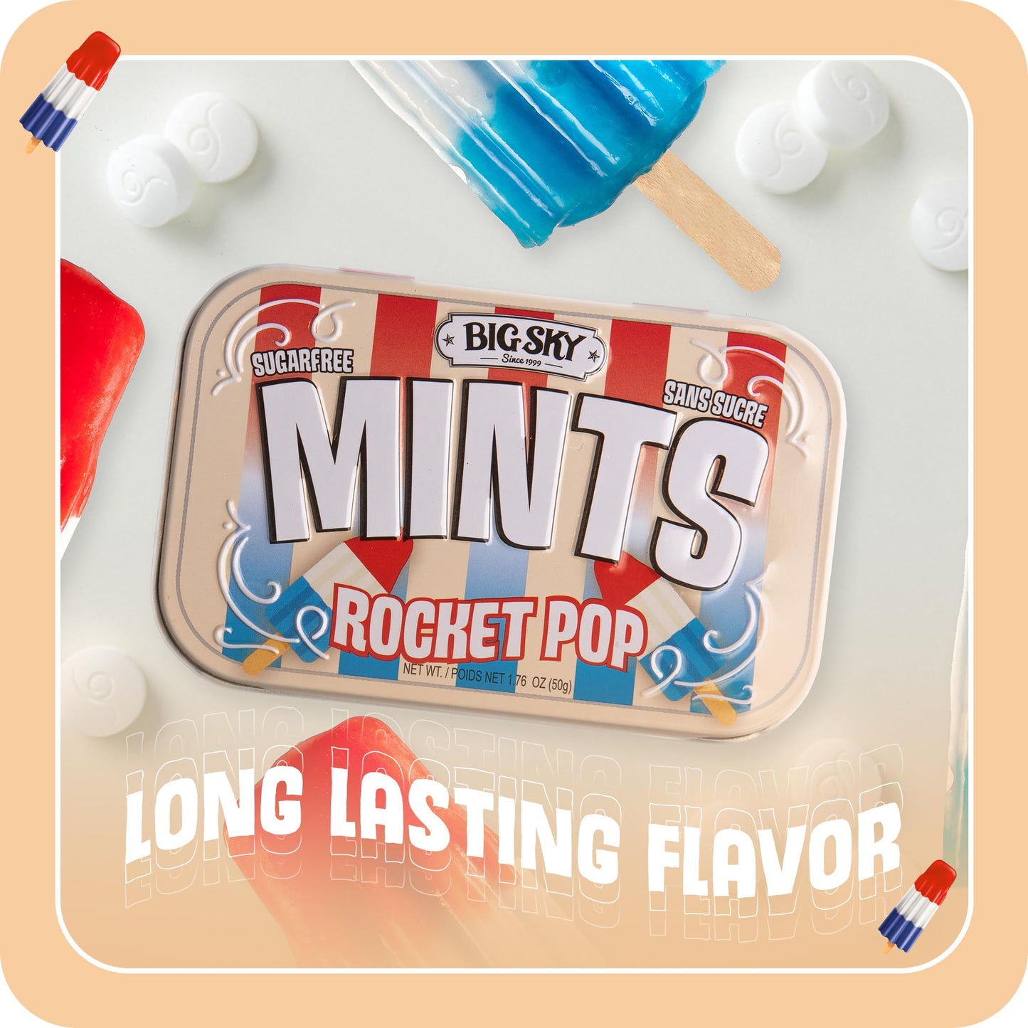 Big Sky Rocket Pop Sugar Free Mints - 50 Count Tin (Pack of 6) | Kosher Certified, Vegan Candy Mints | Aspartame & Gluten Free |