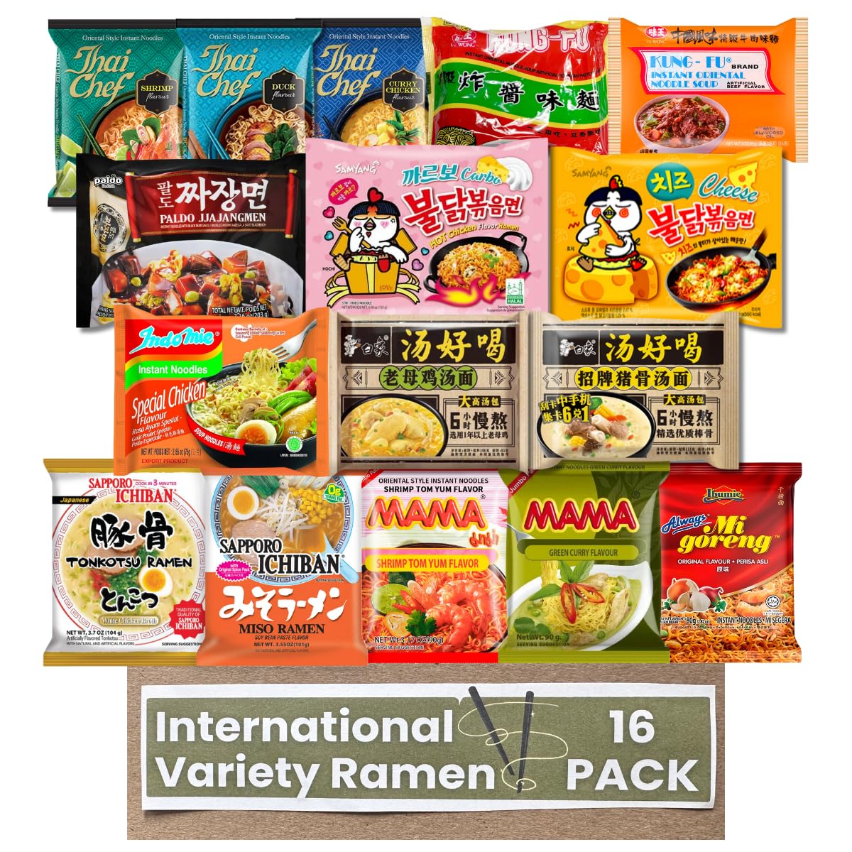 Asian Instant Ramen Noodles Variety Pack, 16 Packs, Korean Spicy Buldak, Japanese Sapporo, Thai Chef, Mama, Kung Fu