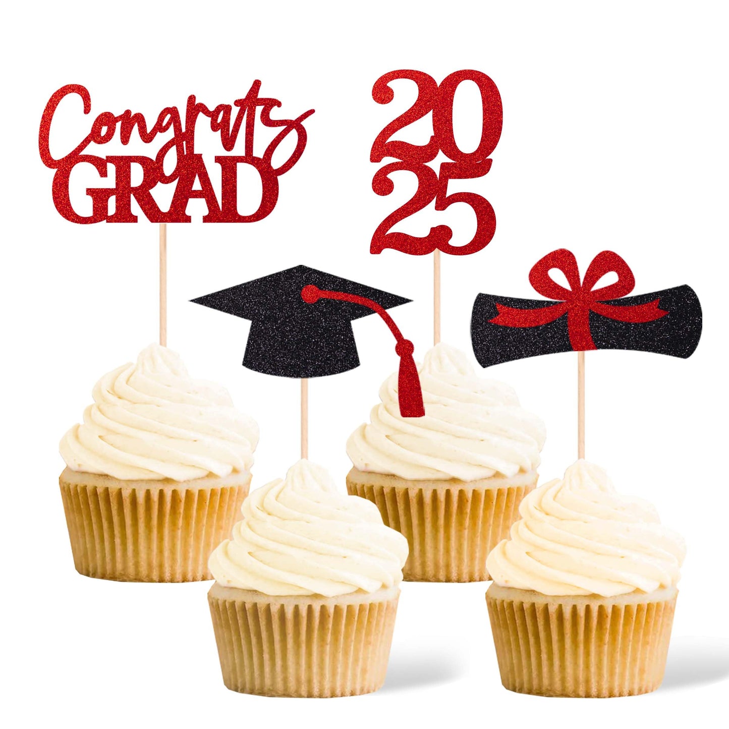 Class of 2025 Graduation Decoration Party Cupcake Toppers, Double-sided Grad Cap Cake Toppers for Graduation Party Supplies 2025