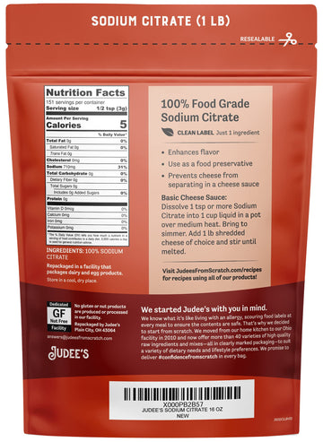 Judees Sodium Citrate - 1Lb (16Oz) Resealable Pouch | 100% Non-Gmo, Keto-Friendly, Gluten-Free & Nut-Free | Food Grade | Great F