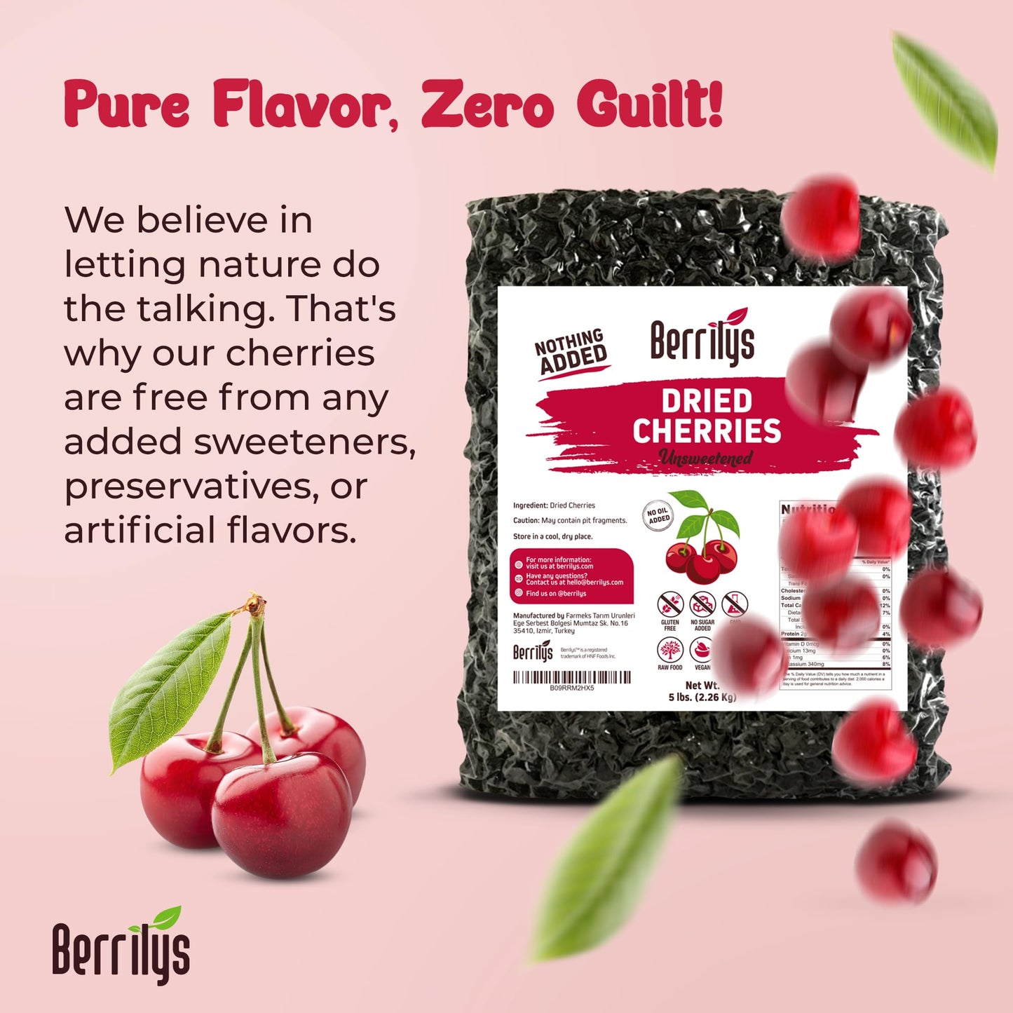 Berrilys Dried Cherries, 5 Lbs, Dark Sweet Cherries, Pitted, Healthy Snacking, Great As A Baking Ingredient, No Added Sugar, Non