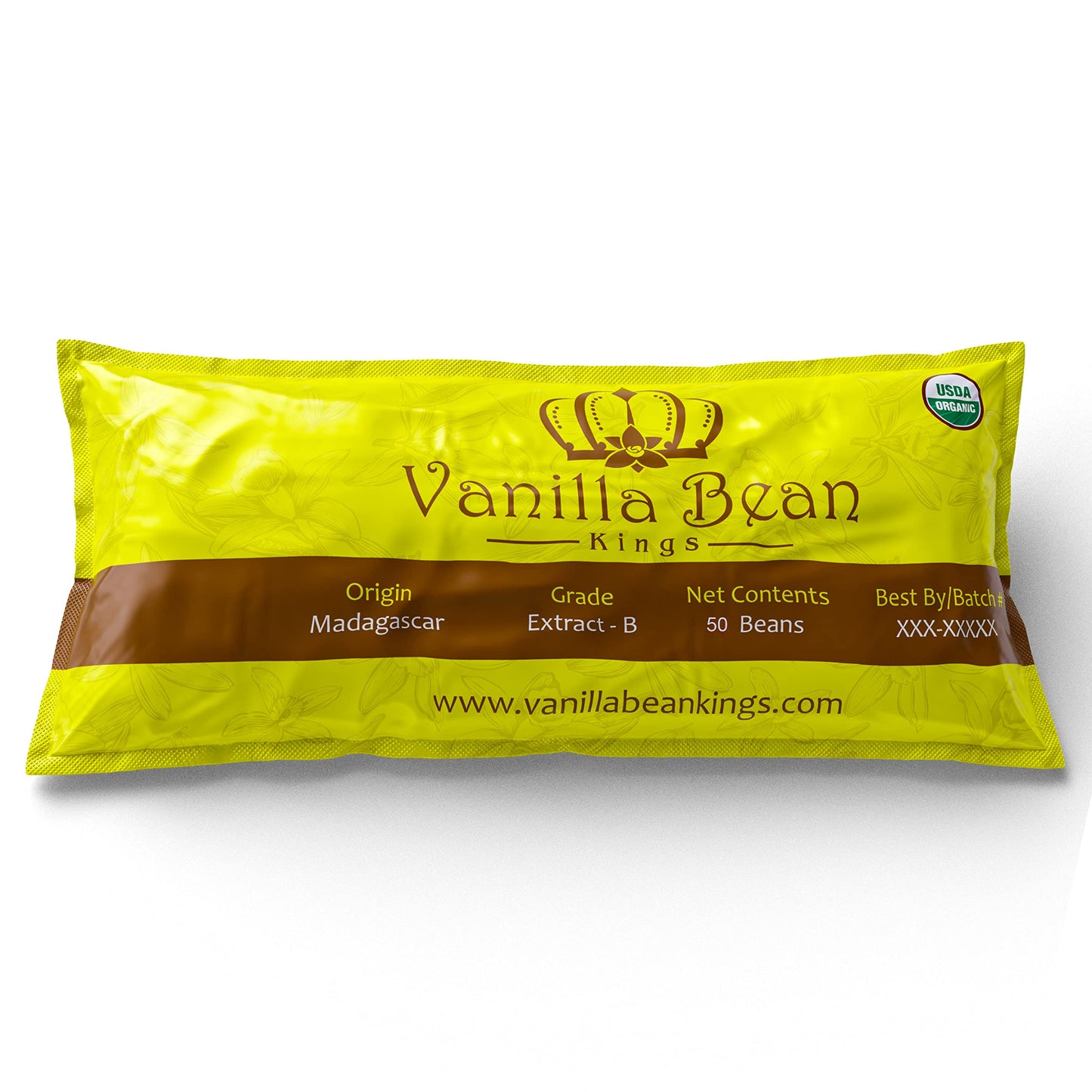 Vanilla Bean Kings Organic Madagascar Vanilla Beans - Whole Grade B Pods, 50 Count, Black/Dark Brown