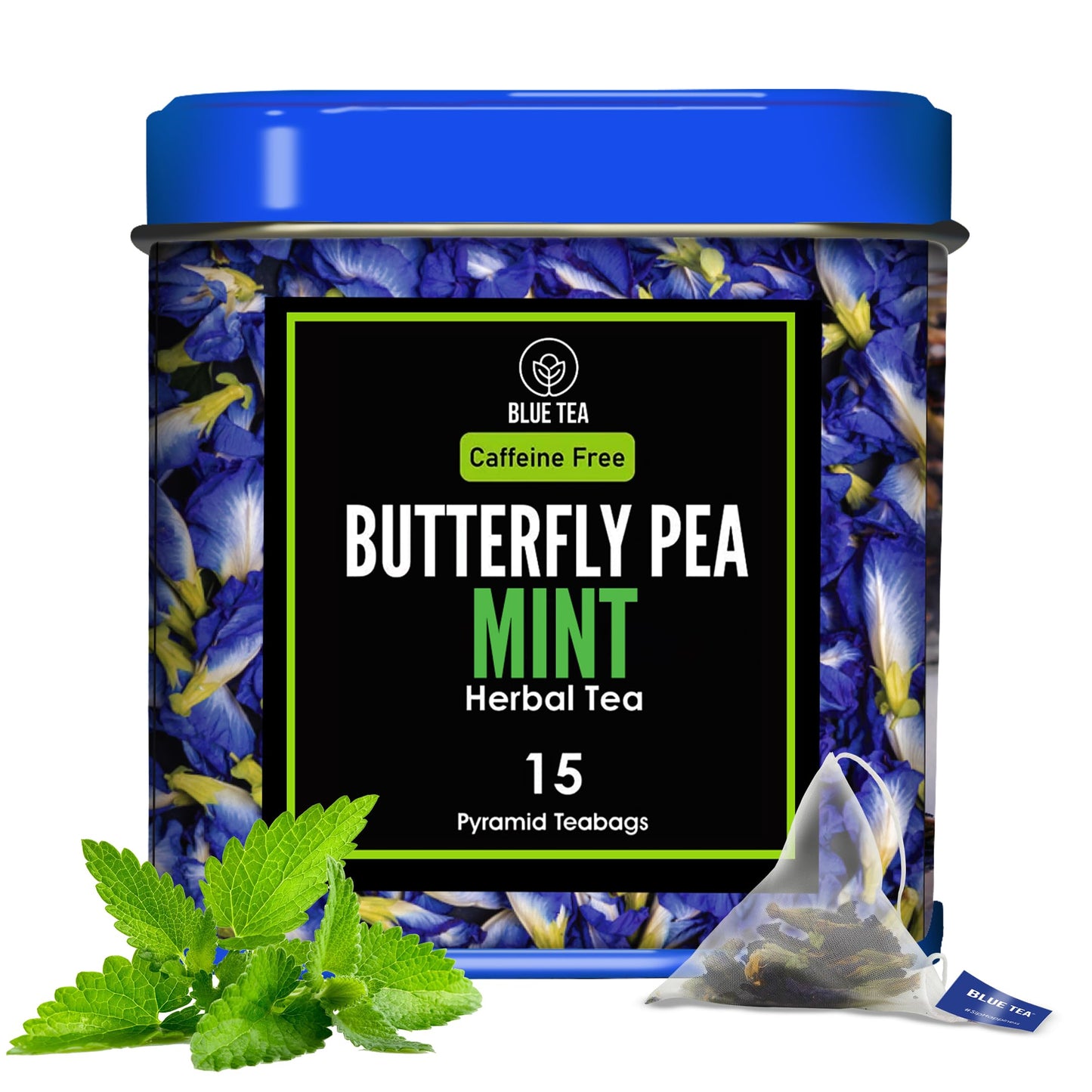 BLUE TEA Butterfly Pea Mint Herbal Tea - Caffeine-free, Non-GMO, Vegan - 15 Tea Bags - Eco-Conscious Tin Pack