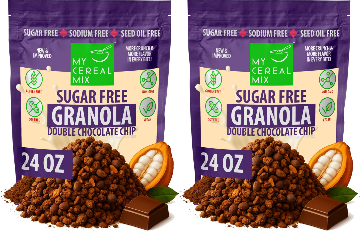 MyCerealMix Sugar Free Double Chocolate Chip Granola - 2 Pack (48oz Total) - Vegan, Gluten Free - Diabetic Friendly Granola for 