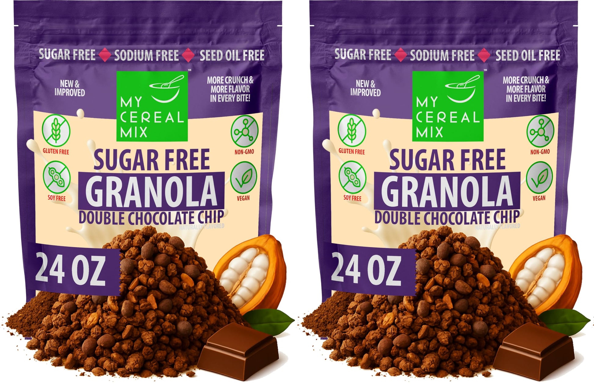 MyCerealMix Sugar Free Double Chocolate Chip Granola - 2 Pack (48oz Total) - Vegan, Gluten Free - Diabetic Friendly Granola for 