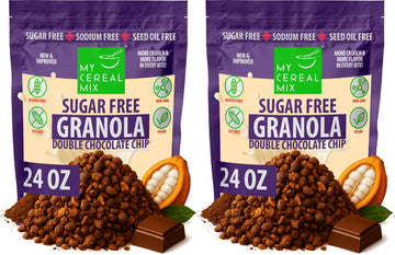 MyCerealMix Sugar Free Double Chocolate Chip Granola - 2 Pack (48oz Total) - Vegan, Gluten Free - Diabetic Friendly Granola for 