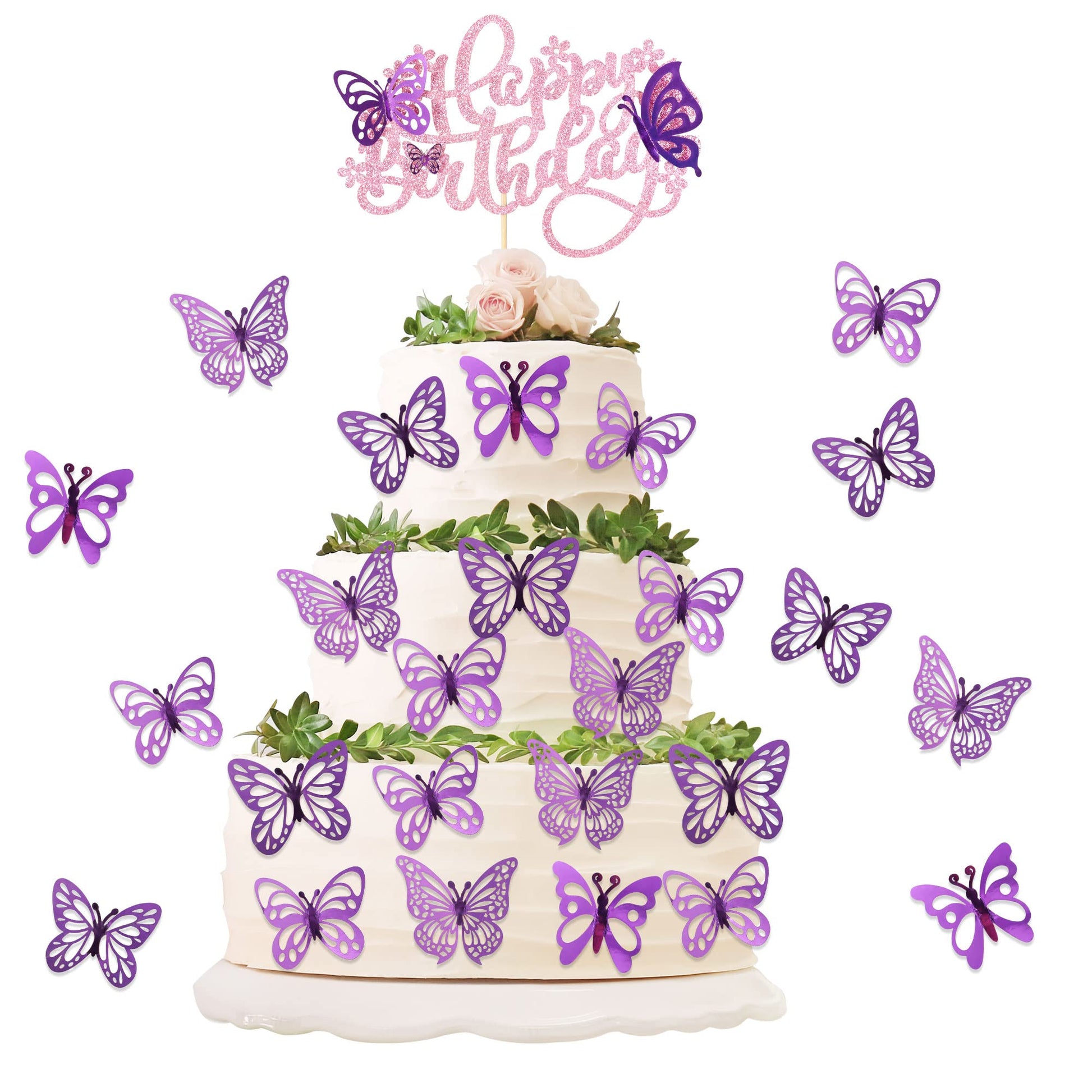 Ephlyn 25Pcs Butterfly Happy Birthday Cake Topper Purple 3D Cupcake Toppers Decorations For Girls Women'S Party Pink