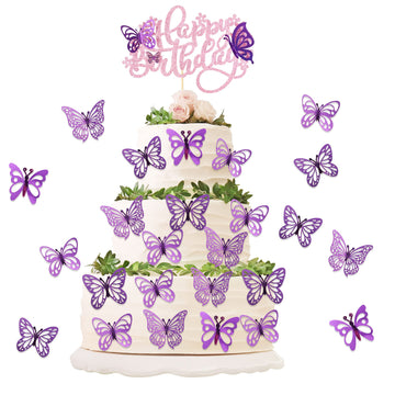 Ephlyn 25Pcs Butterfly Happy Birthday Cake Topper Purple 3D Cupcake Toppers Decorations For Girls Women'S Party Pink