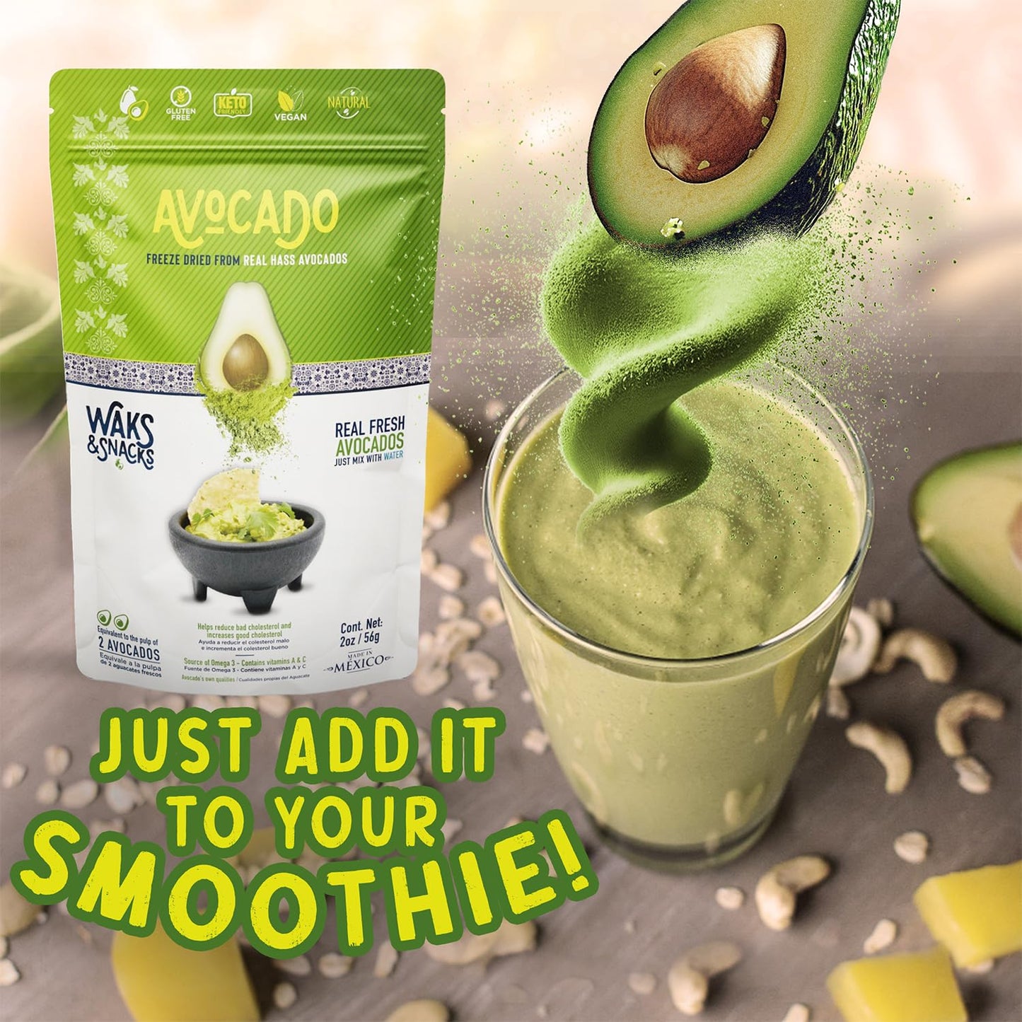 Waks & Snacks Freeze-Dried Avocado | 100% Fresh Hass Avocados, Perfect For Toast | Energizes Camping & Hiking Meals | Lightweight, Vegan, Gluten-Free | 2 Avocados | 2 Oz, 3-Pack