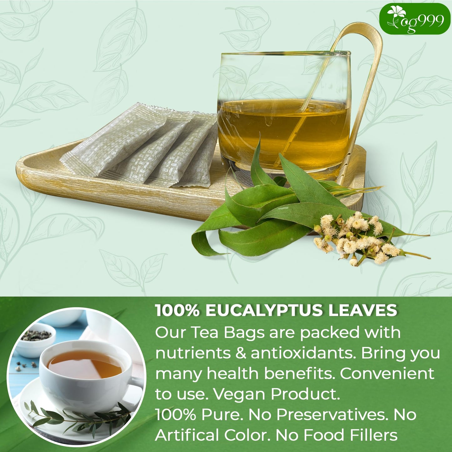 TOG999 Premium Eucalyptus Leaf Herbal Tea Bags, 100% Natural, 100 Bags, No Caffeine, Vegan