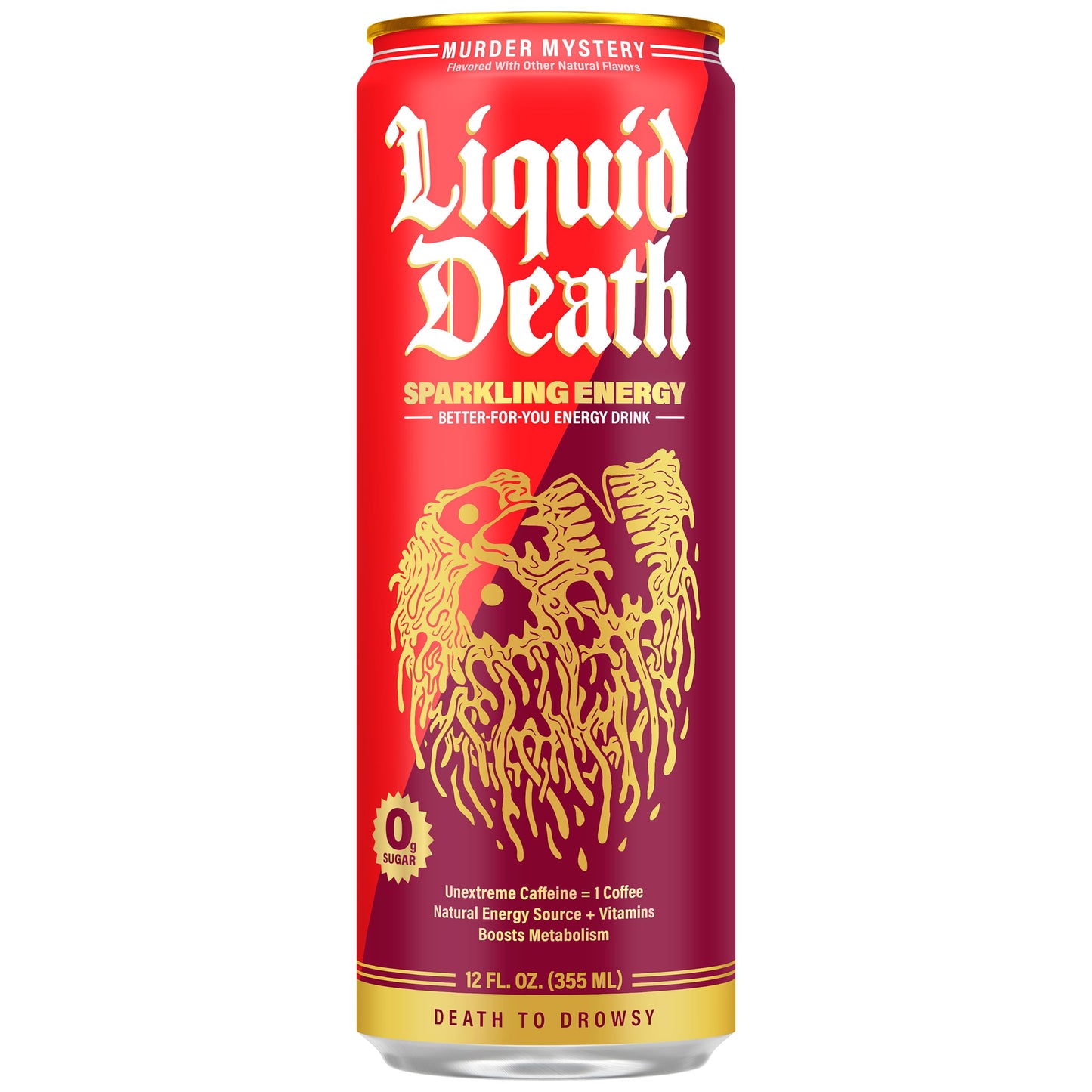 Liquid Death Sparkling Energy - Murder Mystery (Cherry Vanilla and Spice Flavor)  Sugar-Free Energy Drink  Unextreme Caffeine 100mg  Essential Vitamins  12 Fl Oz (Pack of 12)