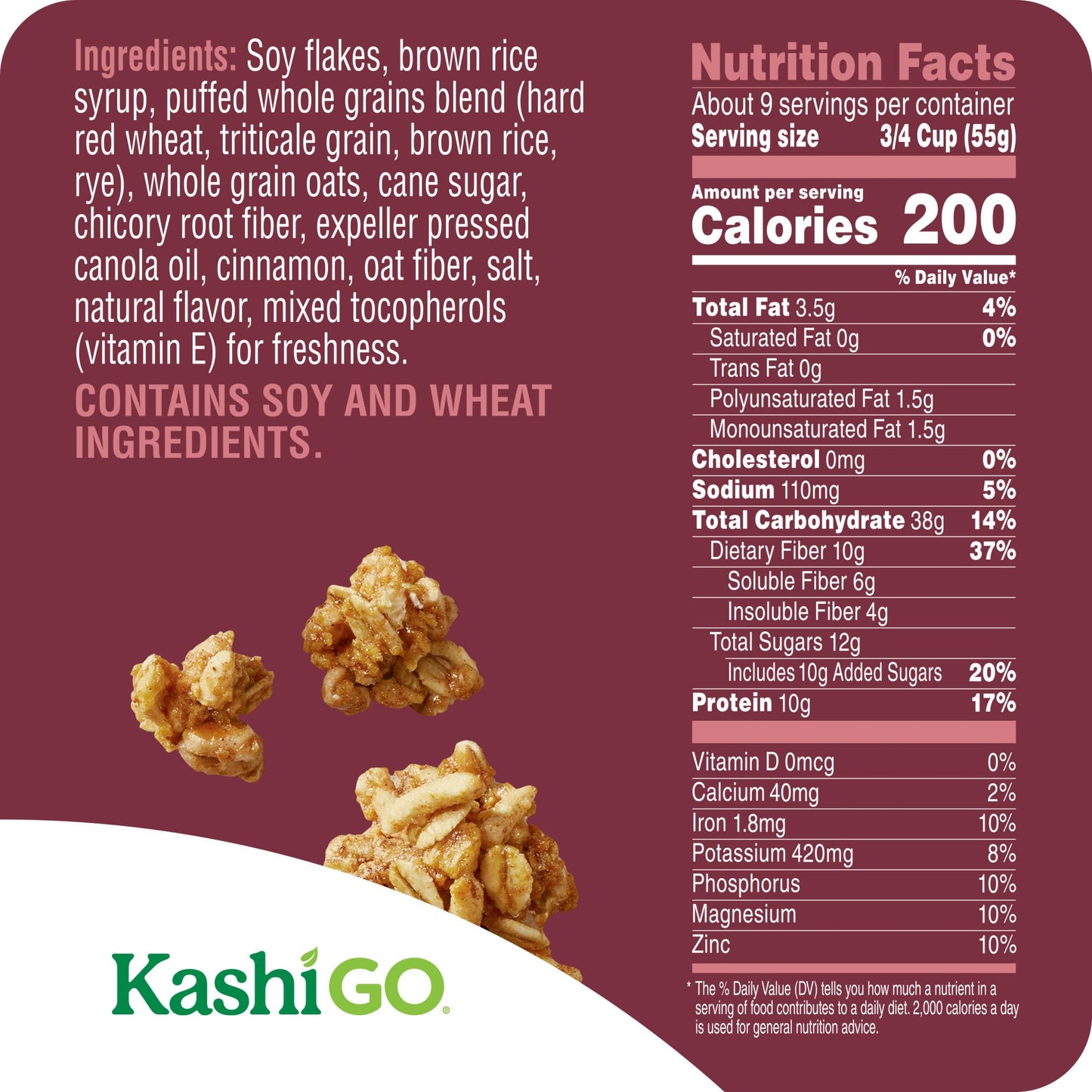 Kashi GO Protein Cereal, 10g Protein, 10g Fiber, Cinnamon Crunch, 17.4oz Box (1 Box)