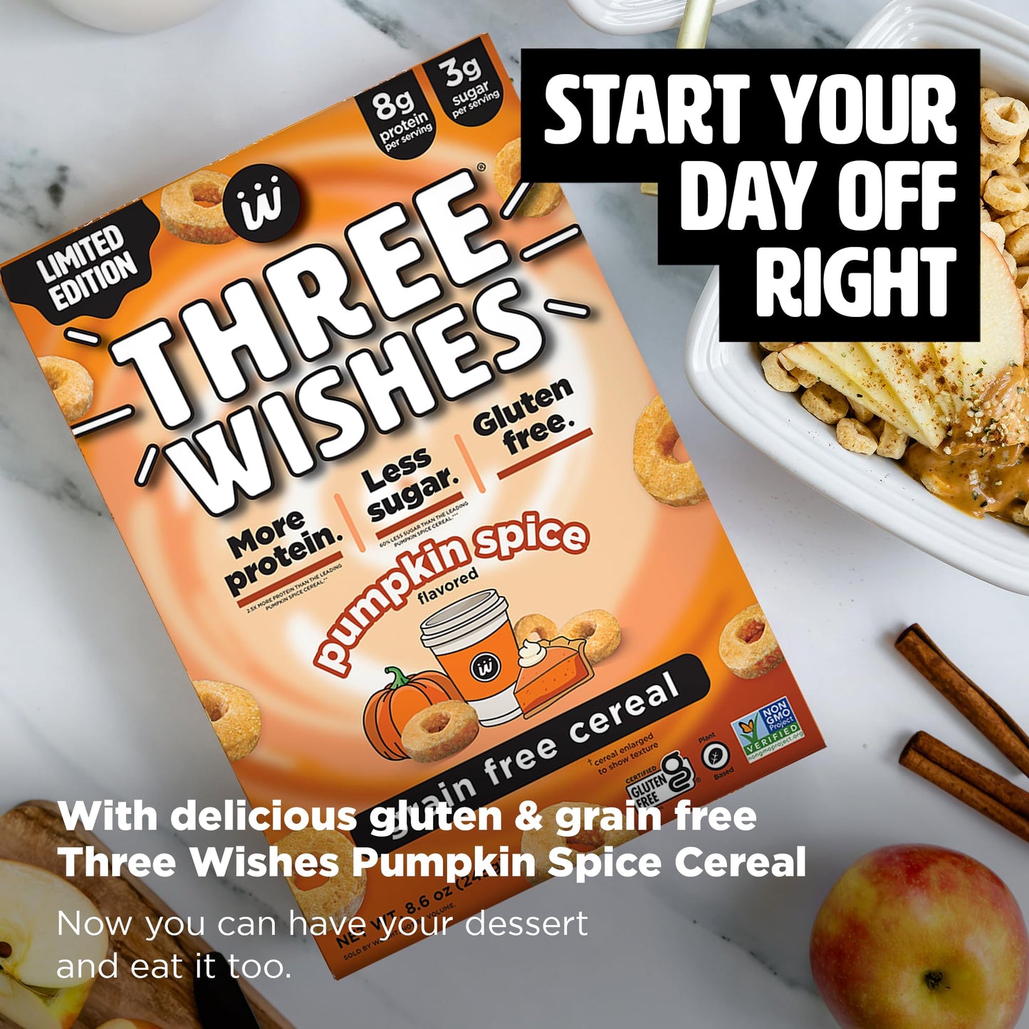 Protein and gluten-Free Breakfast cereal by Three Wishes - Pumpkin Spice, 6 Pack - High Protein and Low Sugar Snack with Natural