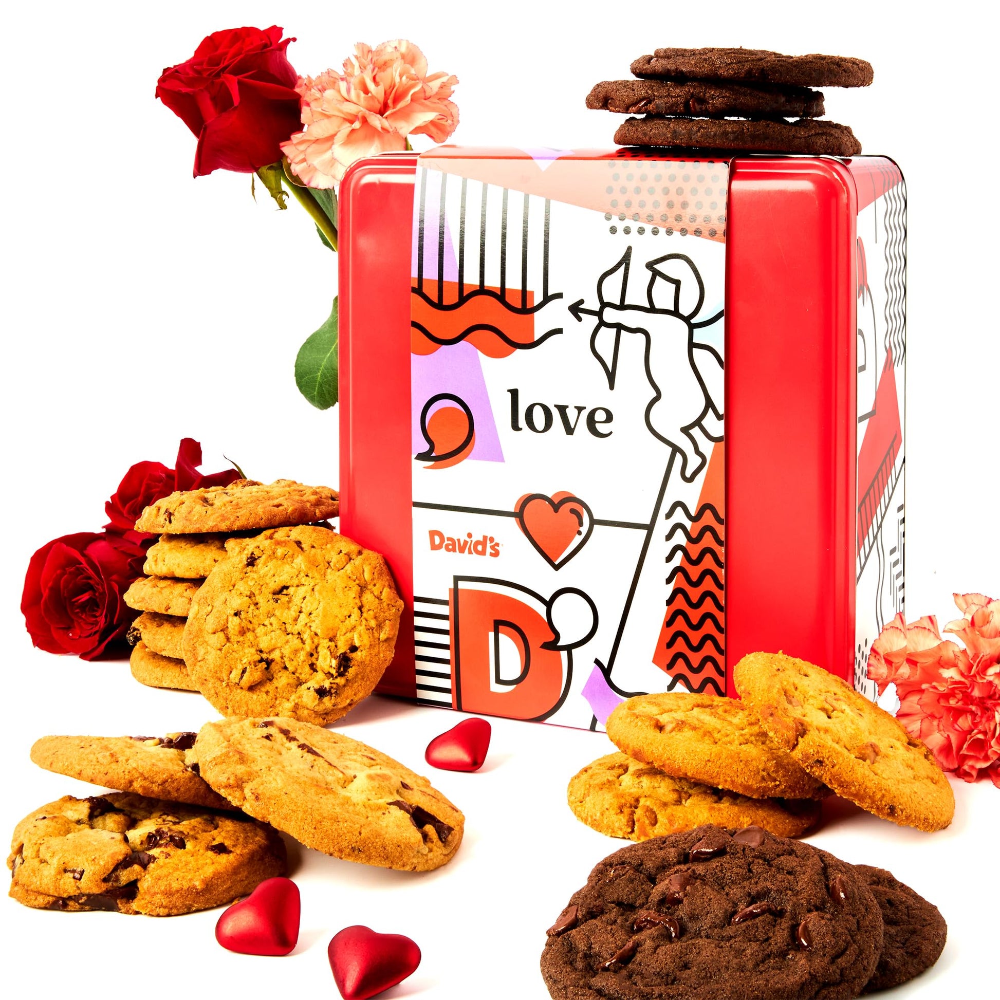 Davids Cookies Gift Basket 1lb - Deliciously Handmade Assorted Fresh Baked Cookies in Love-Themed Gift Tin - enhanced Gourmet Cookie Food Gift Basket For Her  Him And Family