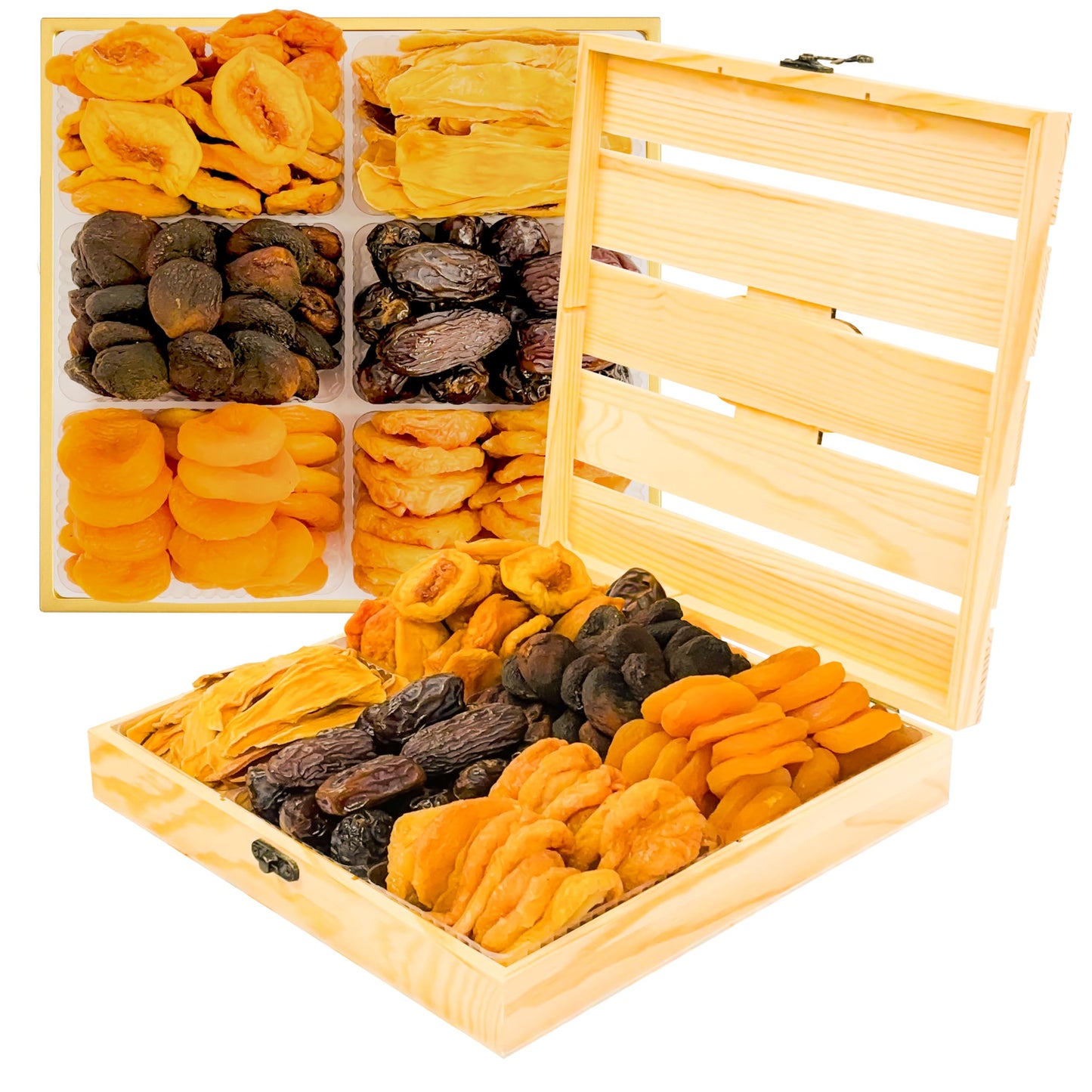 Anna And Sarah Gourmet Dried Fruit In Wooden 6 Compartments Gift Box Includes Strip Mango-Fancy Dates-Pear-Peach- Apricot-Dried Apricot Kosher-Halal For Christmas-Holiday For Mom-Dad-Boy-Girl Everyone