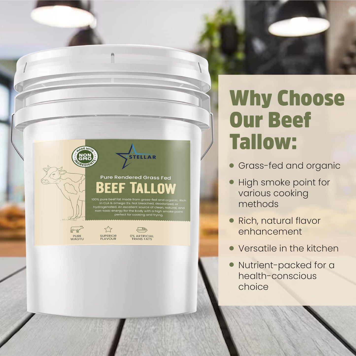 Stellar - Beef Tallow - 100% Grass-Fed & Finished - Good For Cooking, Baking And Frying - Food Grade - 5 Lbs