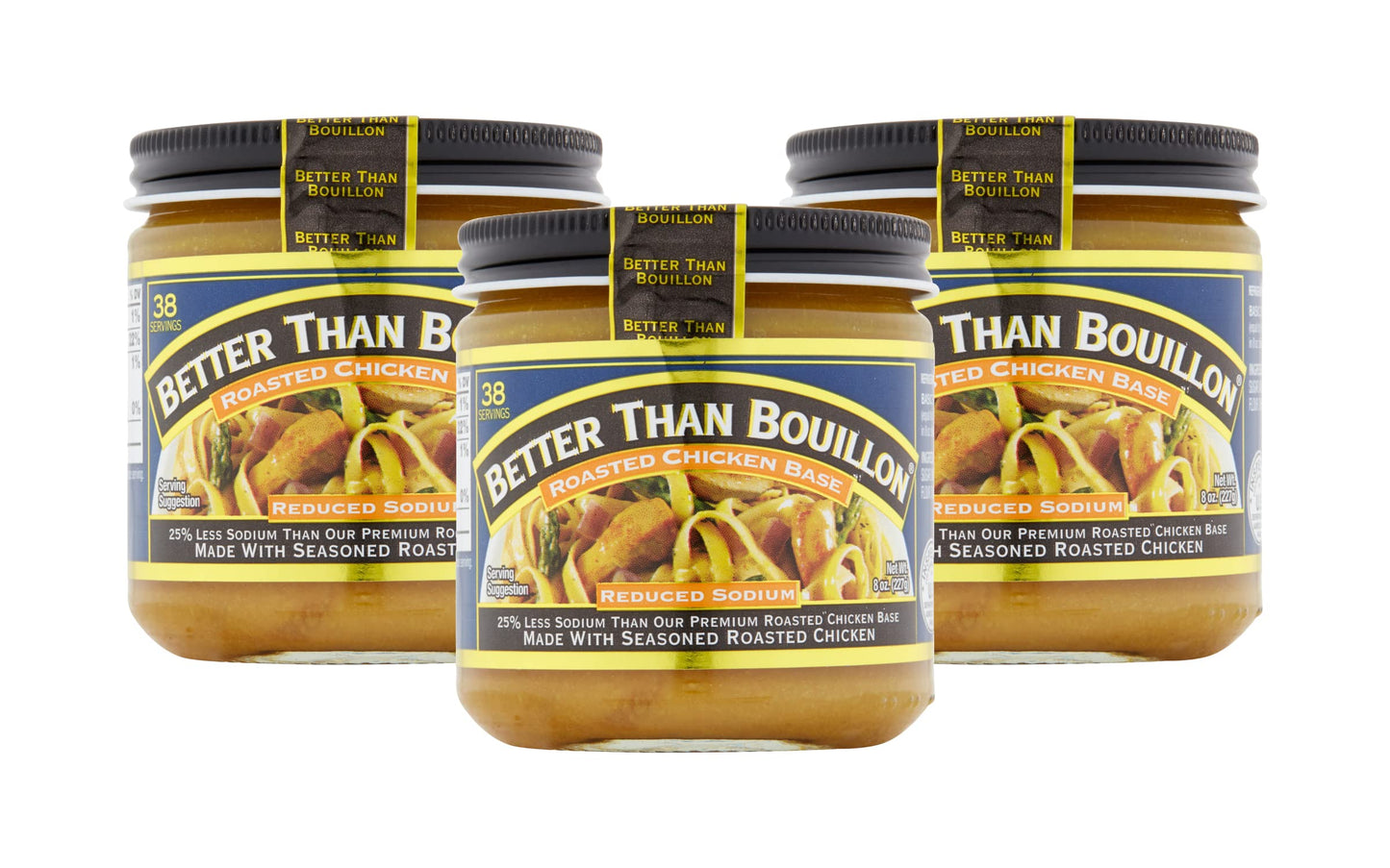 Better Than Bouillon Reduced Sodium Roasted Chicken Base, Made With Seasoned Roasted Chicken & Less Sodium, 38 Servings Per Jar 8 Ounce (Pack Of 3)