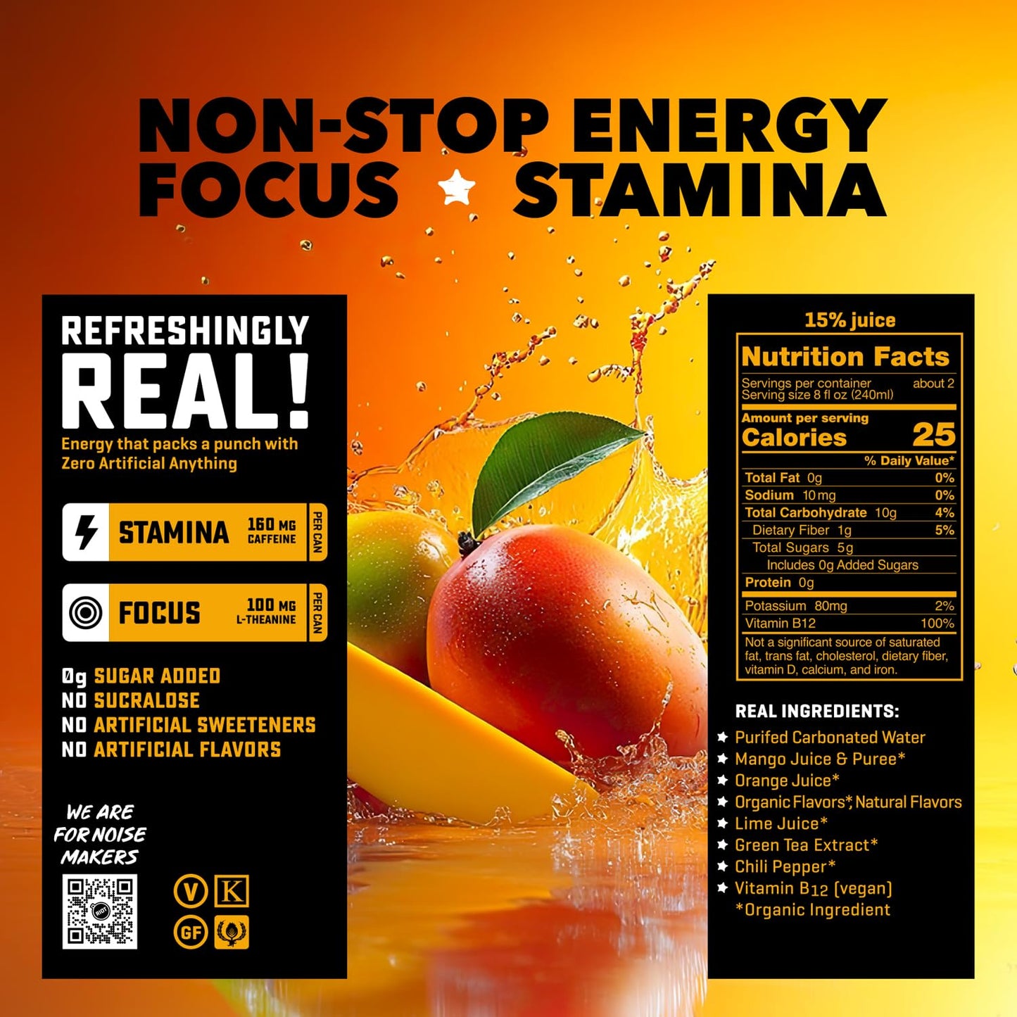 RIOT Clean Energy Drink, Mango, Organic, No Sugar, 100mg L-Theanine, 16 Fl Oz, Plastic