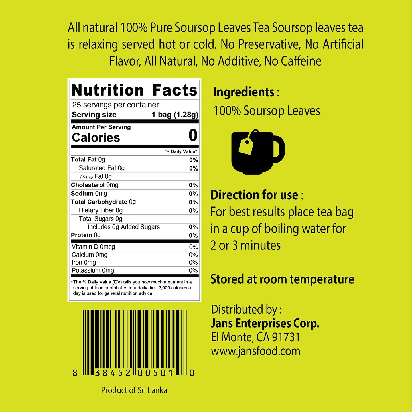 Jans Organic Soursop Tea Bags, 25 Count | Rich in Antioxidants & Vitamins B, C | Zero Cholesterol, Sugar, Fat, Sodium