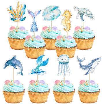 Gyufise 36Pcs Mermaid Cupcake Toppers Under The Sea Turtles Octopus Mermaid Tail Cupcake Picks Seahorse Coral Cake Decorations F