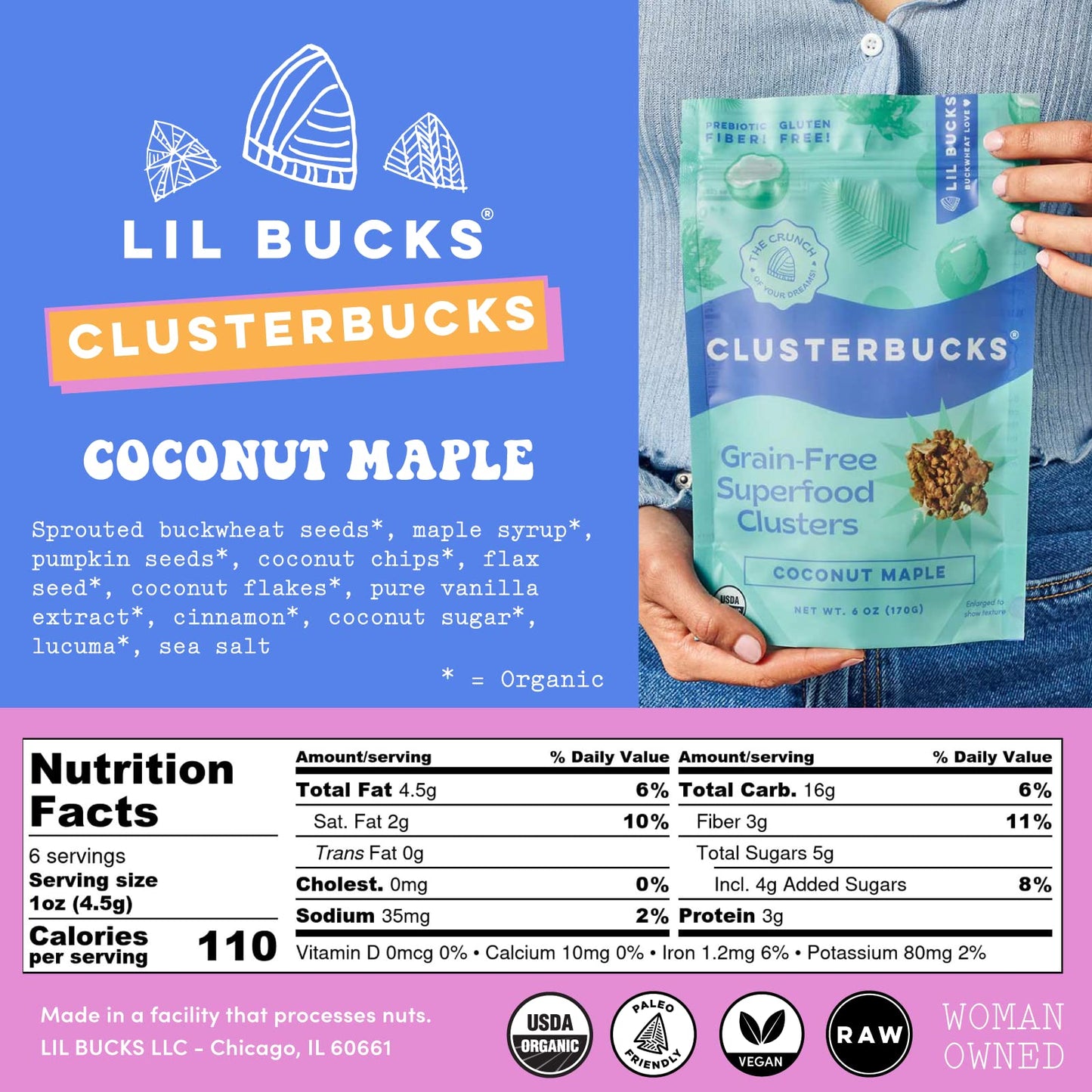Lil Bucks Clusterbucks Grain-Free Superfood Clusters Made With Sprouted Buckwheat And Adaptogens, Gluten Free Snack (Chocolate,