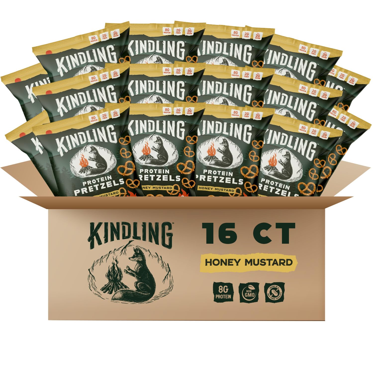 Kindling Protein Pretzels - Honey Mustard | Protein-Packed Snack Size Bags | Kosher | 8-9g Protein Per Serving | Only 1-2g of To