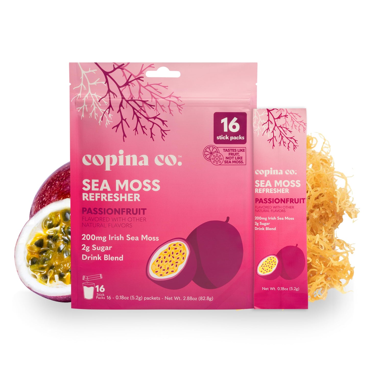 Organic Irish Sea Moss Powder 200mg Packets for Gut Health and Immune Support - Passionfruit Flavored Seamoss Drink with Coconut
