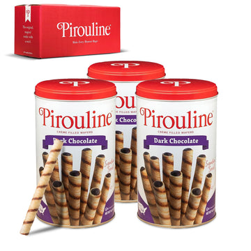 Pirouline Rolled Wafers - Bundled With Pirouline Gift Box - Dark Chocolate Rolled Wafer Sticks, Crème Filled Wafers, Rolled Cookies For Coffee, Ice Cream, Parties, Gifts, And More - 14.1Oz Tin 3 Pack