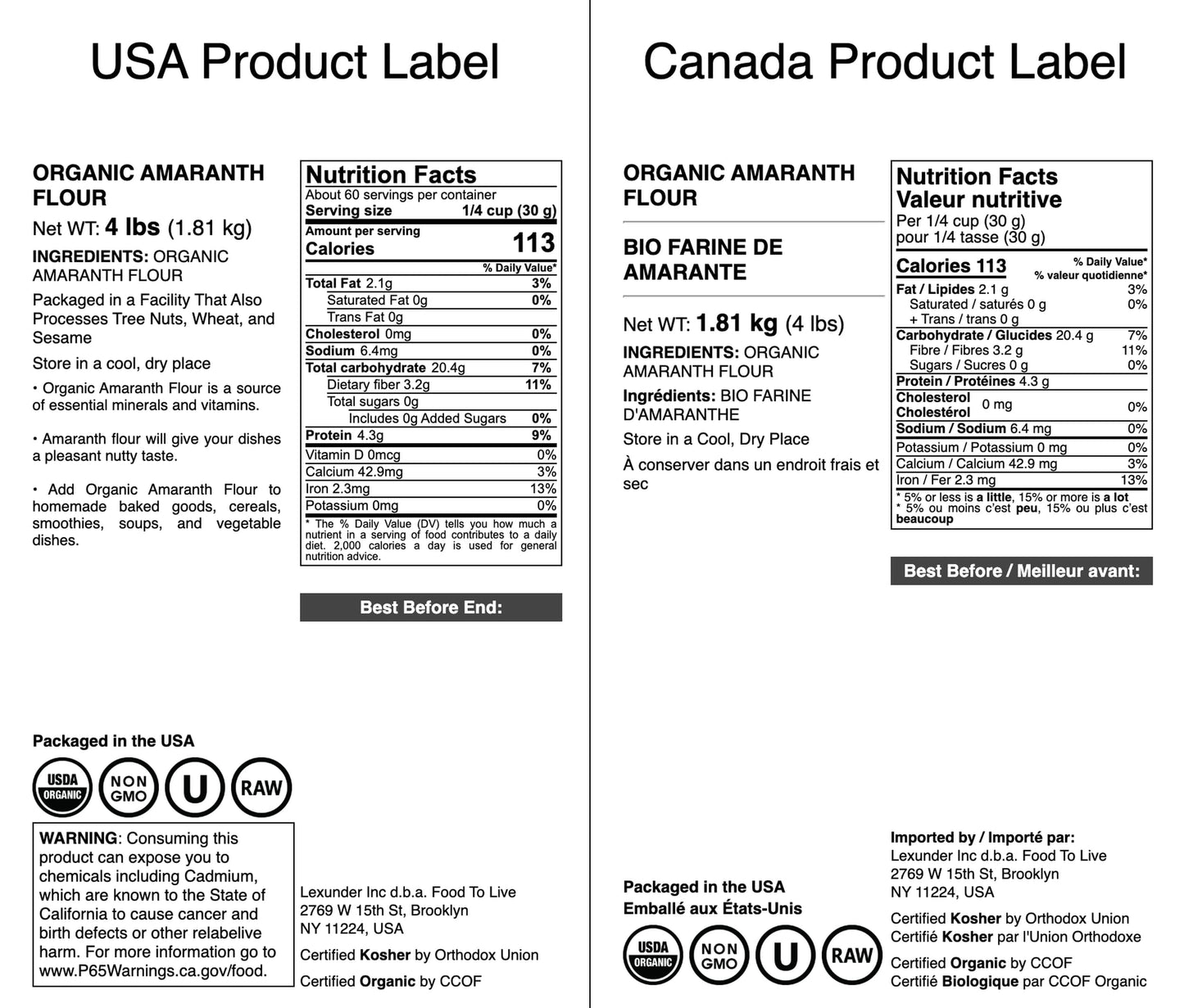Food to Live Organic Amaranth Flour, 4 Pounds - Non-GMO, Fine Meal, Whole Grain Flour, Stone-Ground, Kosher, Vegan, Bulk Powder,