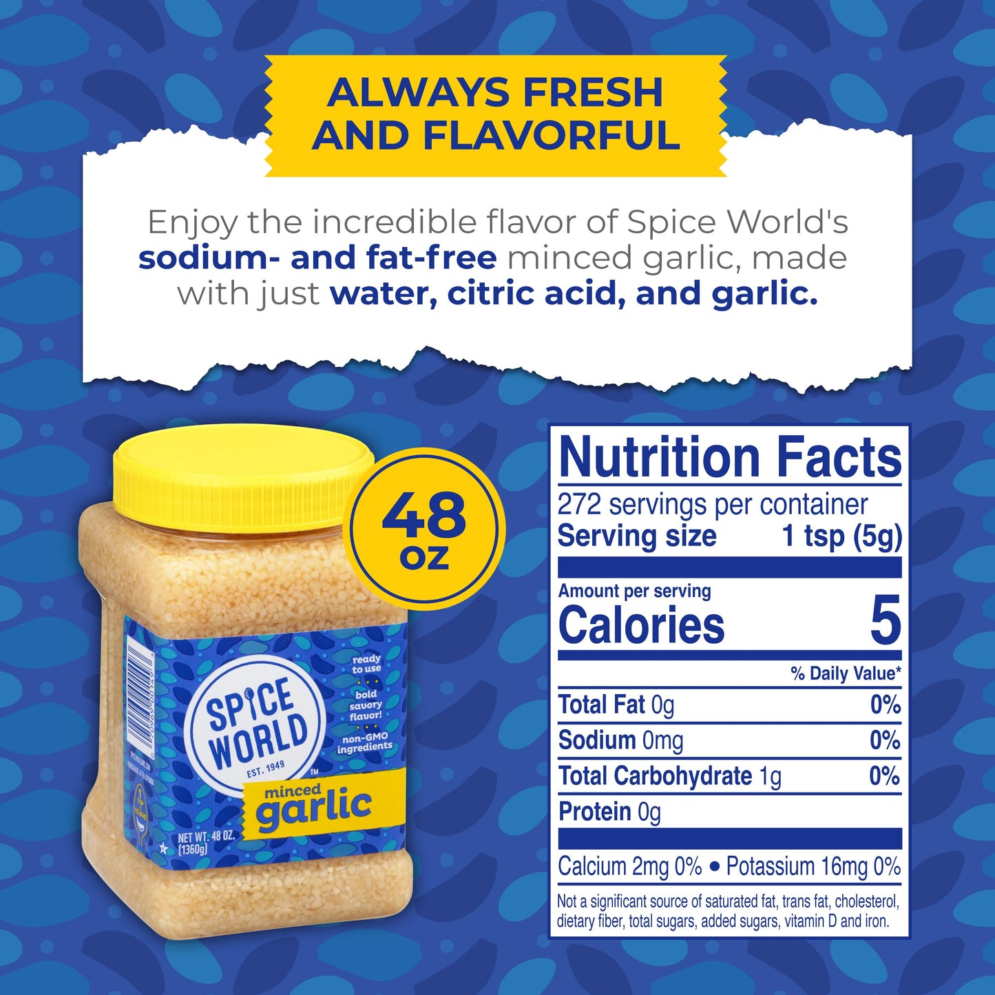 Spice World Minced Garlic - Bulk 48 Oz Garlic Container - Ready-To-Use Seasonings For Cooking, Reduce Prep Work And Easily Add F