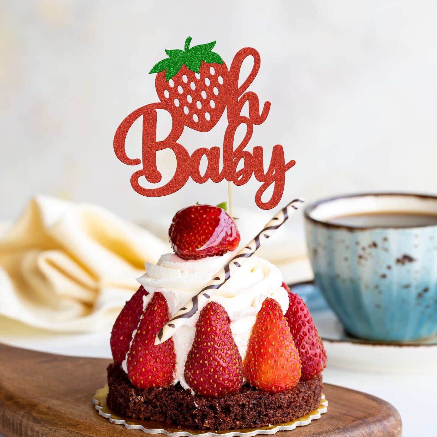 1Pc Strawberry Oh Baby Cake Topper Red Glitter Babyshower Strawberry Cake Pick Decoration For Sweet Fruit Theme Baby Shower Kids