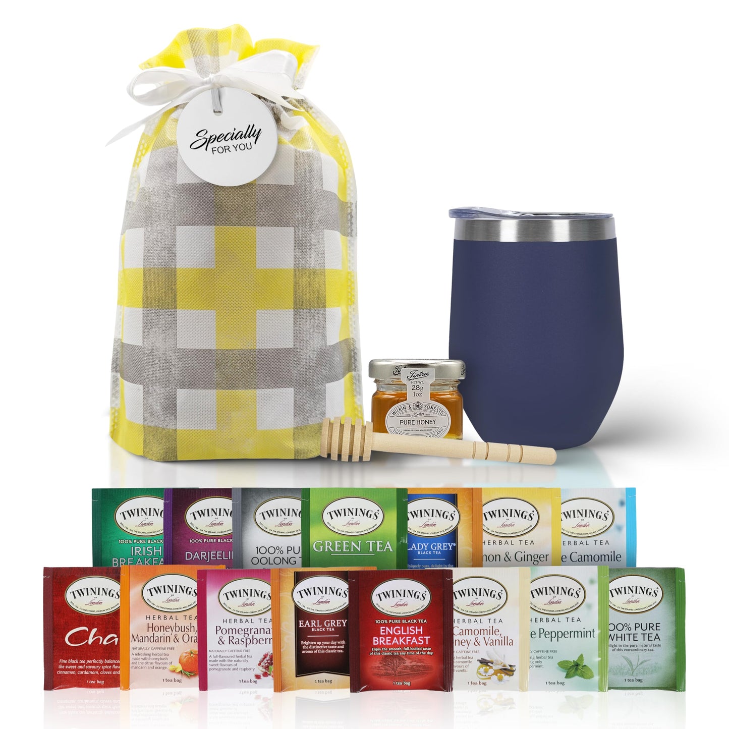 Modern Elegance Tea Gift Set for Mom – Assorted Teas, Elegant Mug & Honey, Blue