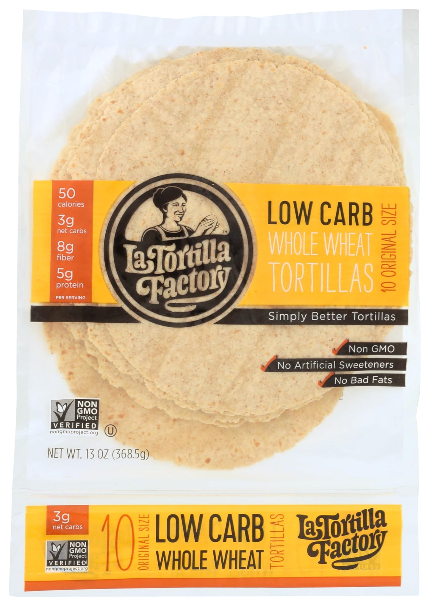 La Tortilla Factory Low Carb Whole Wheat Tortillas, Non-GMO, 3g Net Carbs, 50 Calories, 10-Count, 13 oz.
