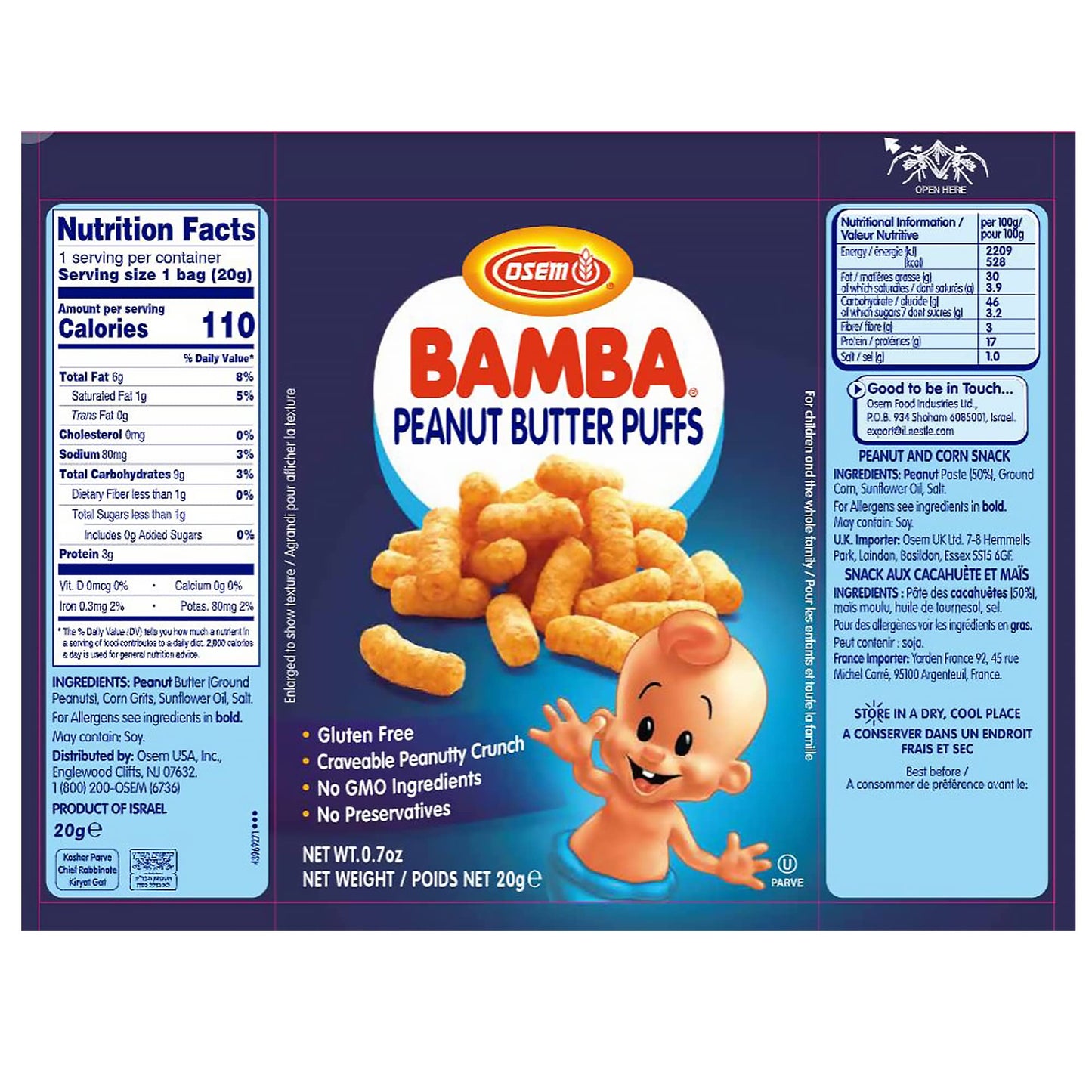 Osem Bamba Peanut Snacks - All Natural Peanut Puffs Family Pack, 8 x 0.7oz Bags, 50% Peanuts