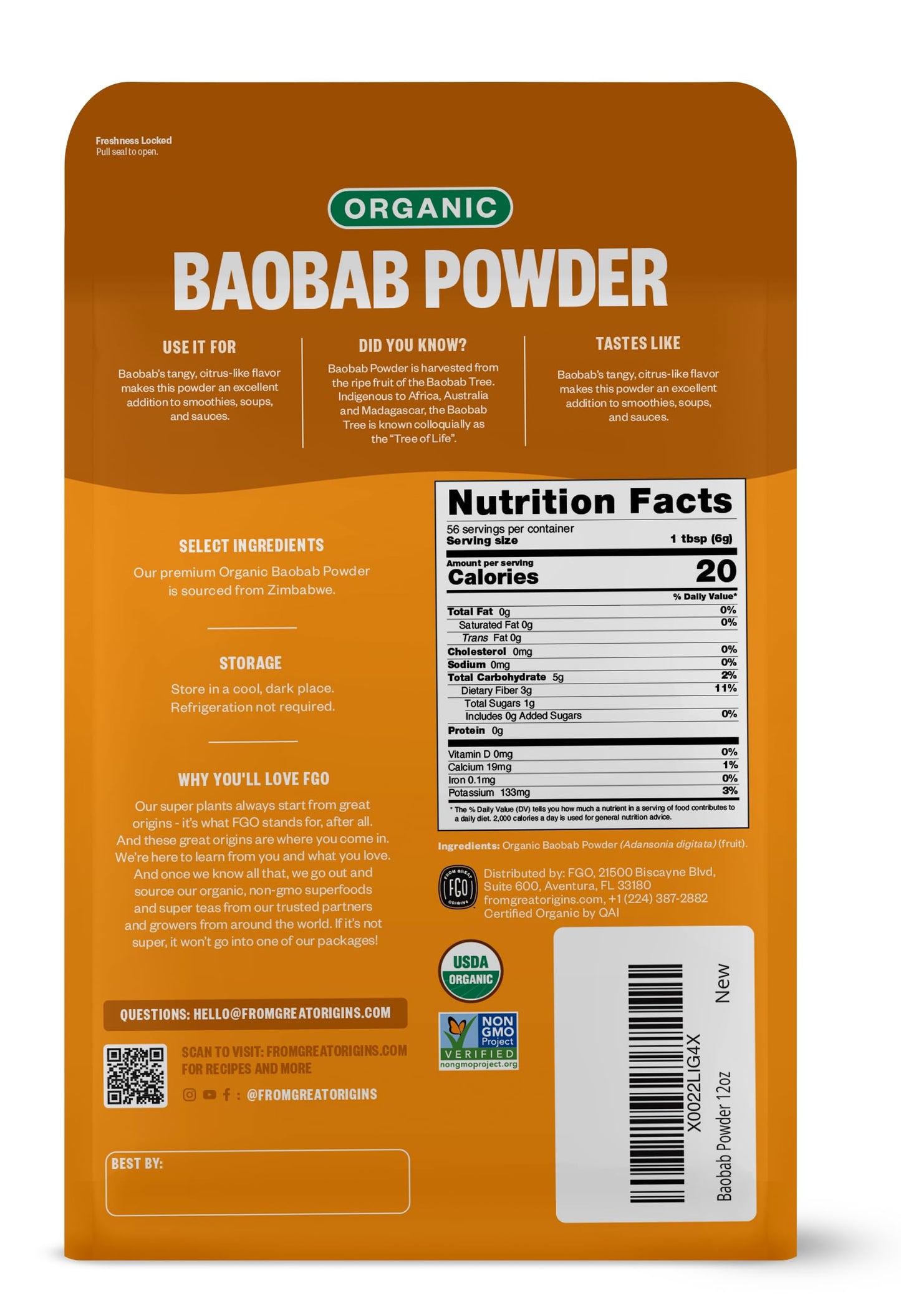 Fgo Organic Baobab Powder, From Zimbabwe, 12Oz (Pack Of 1)