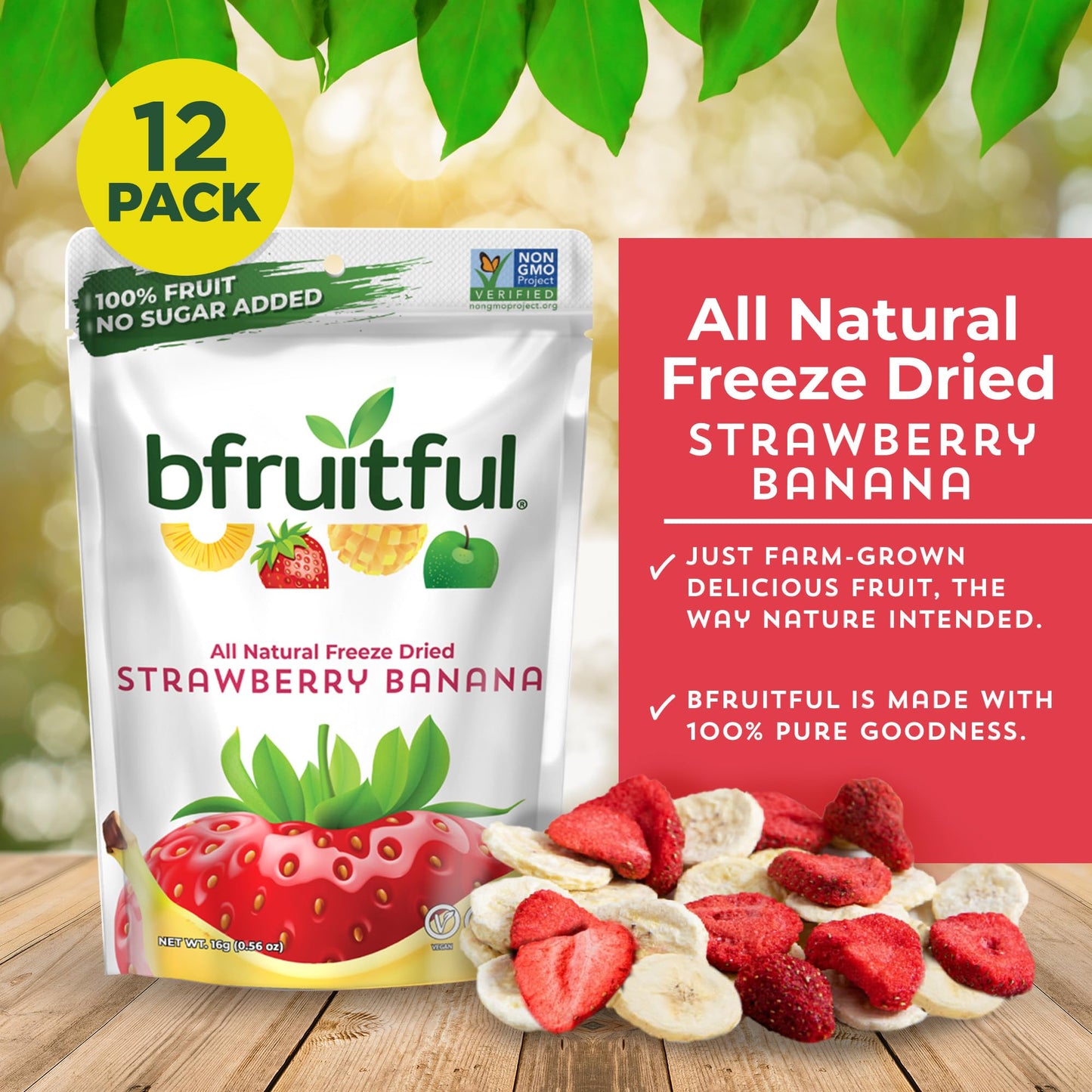 bfruitful Freeze-Dried Strawberry Banana Snacks, Gluten Free, Dairy Free, 12-Pack