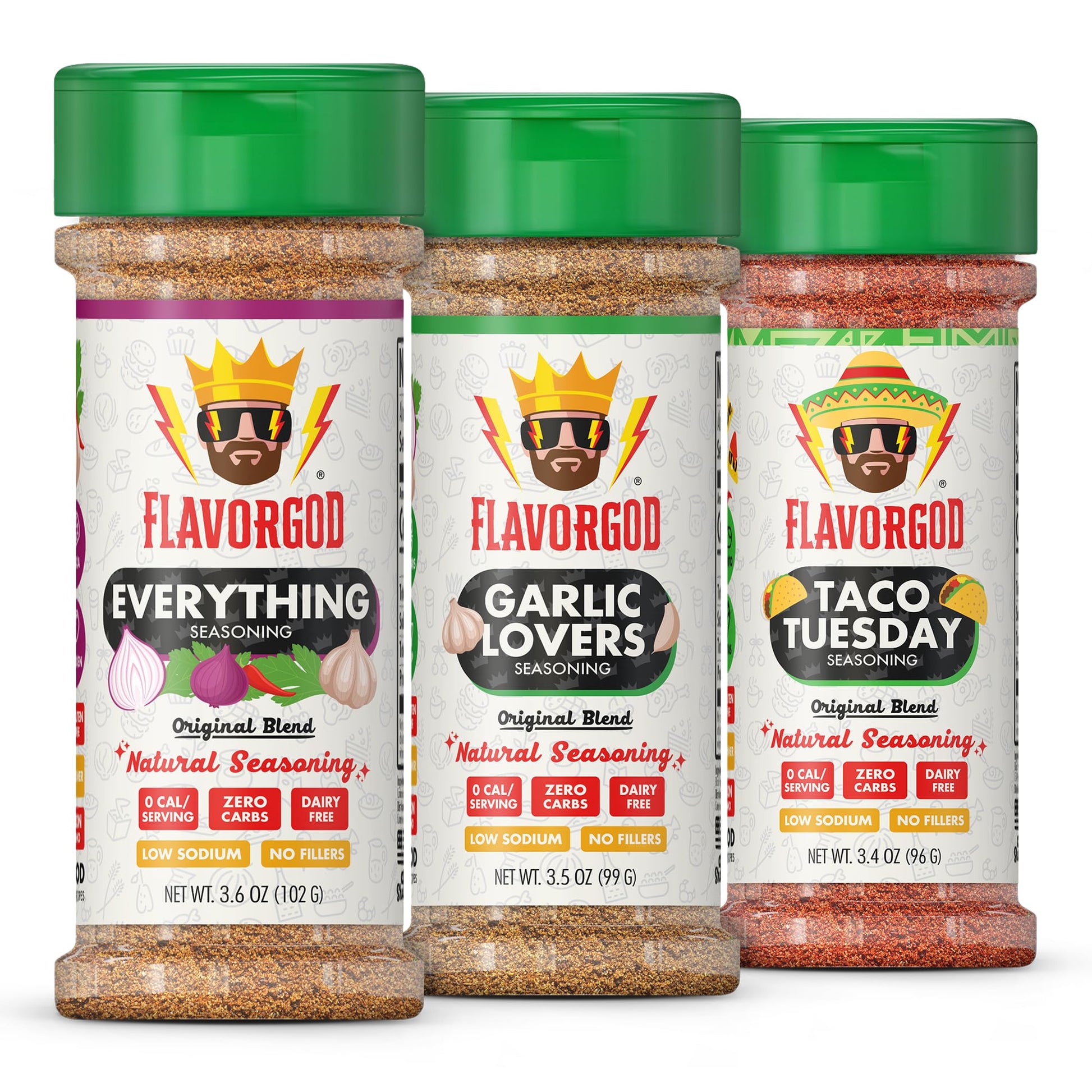 Flavor God Keto Spice Set, Combo Pack of 3 (Everything, Garlic Lovers, Taco Tuesday) Herb, Spice, Vegetable Seasoning Gift, Natu