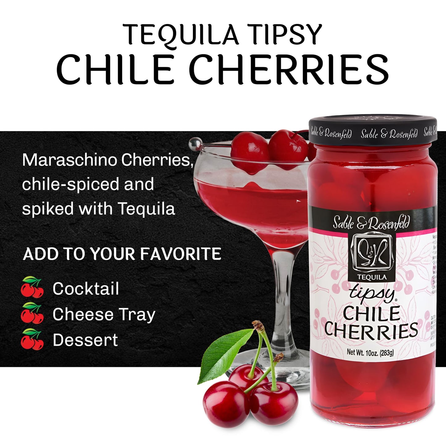 Sable & Rosenfeld spirit-inspired flavor Cherries Cocktail Garnish, 10 oz, Maraschino Cherries in Spiked Syrup