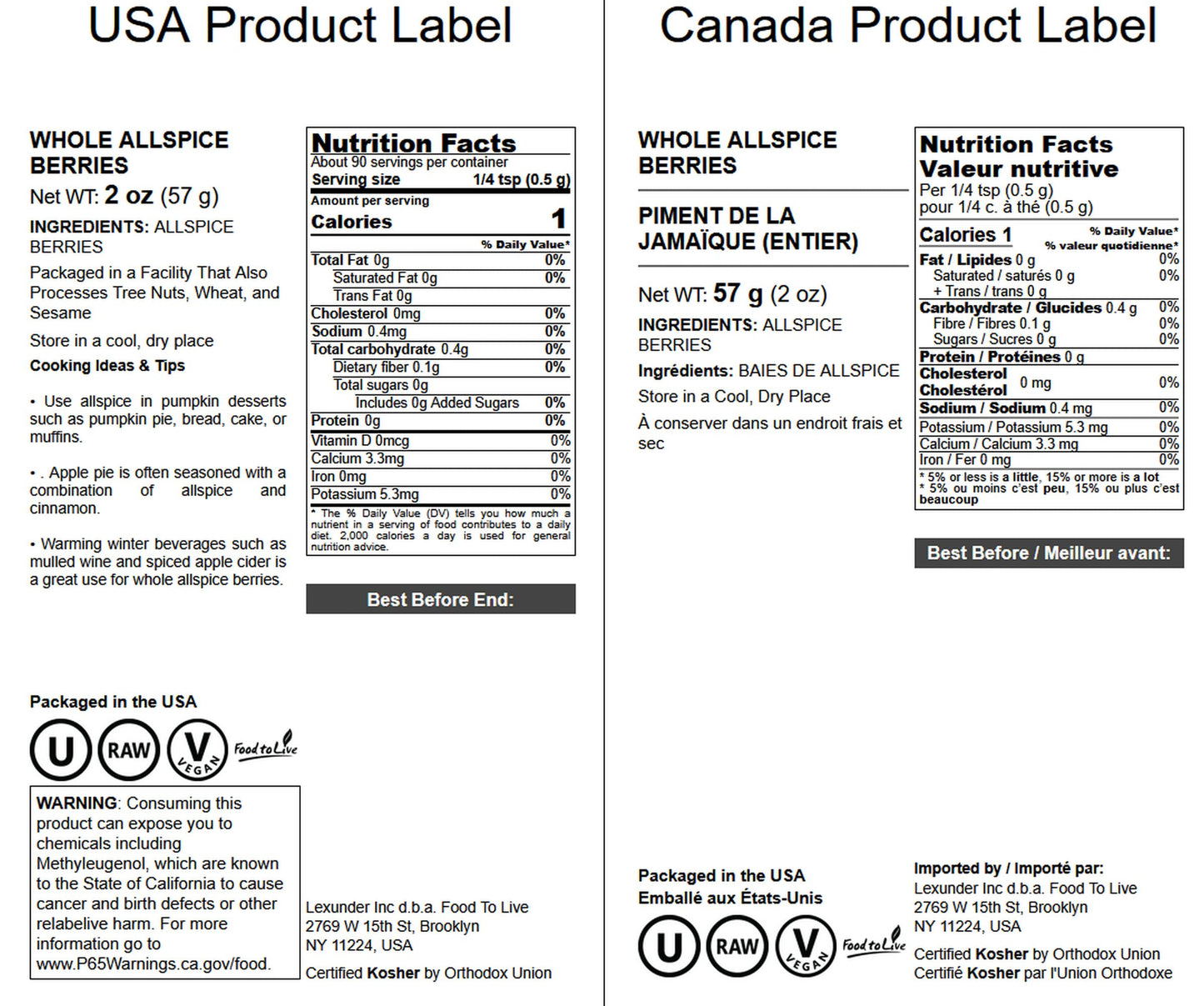 Food to Live Whole Allspice Berries, Vegan, Kosher, 2 Ounce Pack