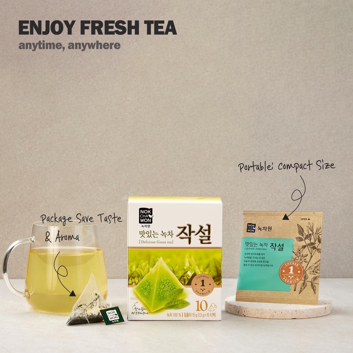 [Nokchawon] Delicious Green Tea Jaksul Teabags, Premium Pure Green Leaf, Smooth And Aromatic Green Tea, 10 Tea Bags, 15G (0.52Oz