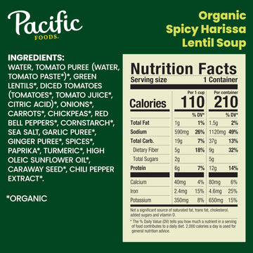 Pacific Foods Organic Spicy Harissa Lentil Soup, Plant Based, 16.3 Oz Can