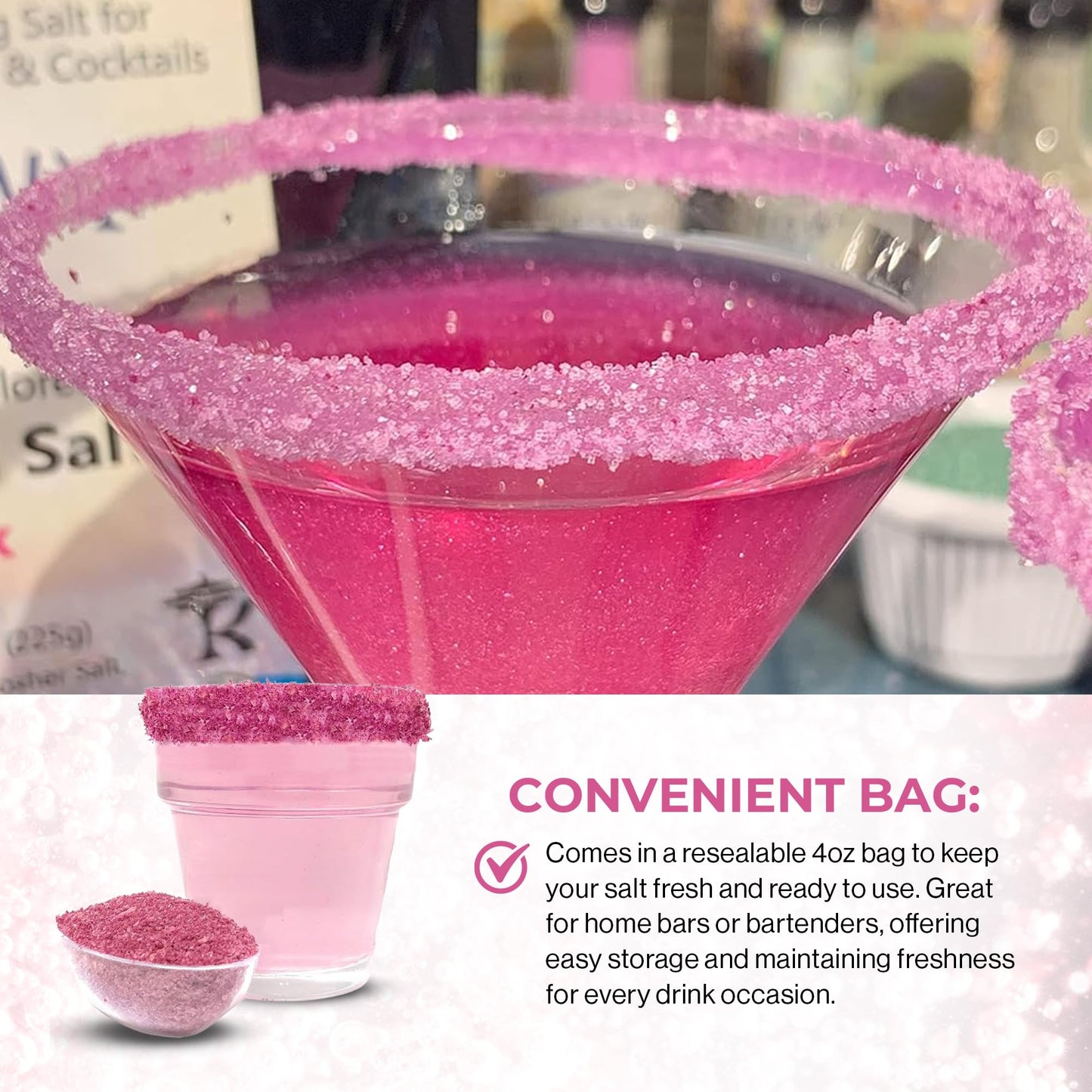 Snowy River Cocktail Rimming Salt, Pink, 4oz – Decorative Culinary Salt for Drinks and Desserts