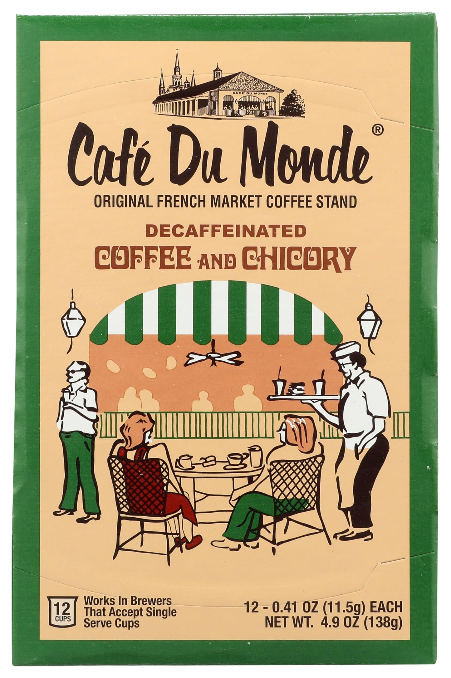 Cafe Du Monde Decaf Coffee and Chicory Single Serve Cups, Box of 12, 58.8 oz