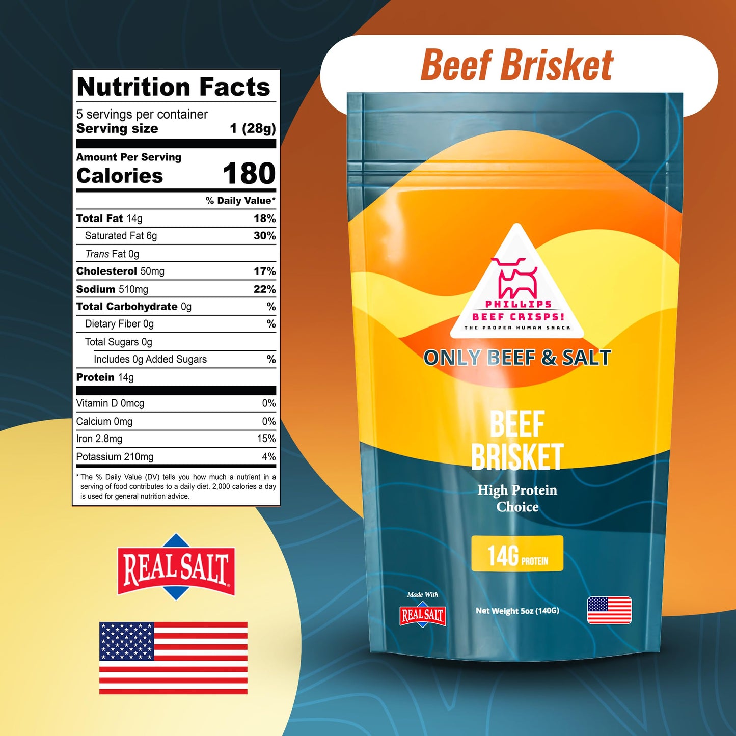Phillips Beef Crisps - Brisket - Only Beef & Salt - Zero Carbs - Zero Sugar - High Protein Meat Snacks - 14g Protein