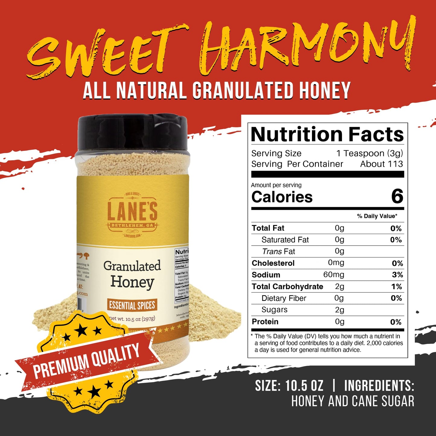 Lane'S Granulated Honey Seasoning, All-Natural Caramelized Granulated Powdered Honey Dust Blend With Honey Sugar Cane, No Msg, M