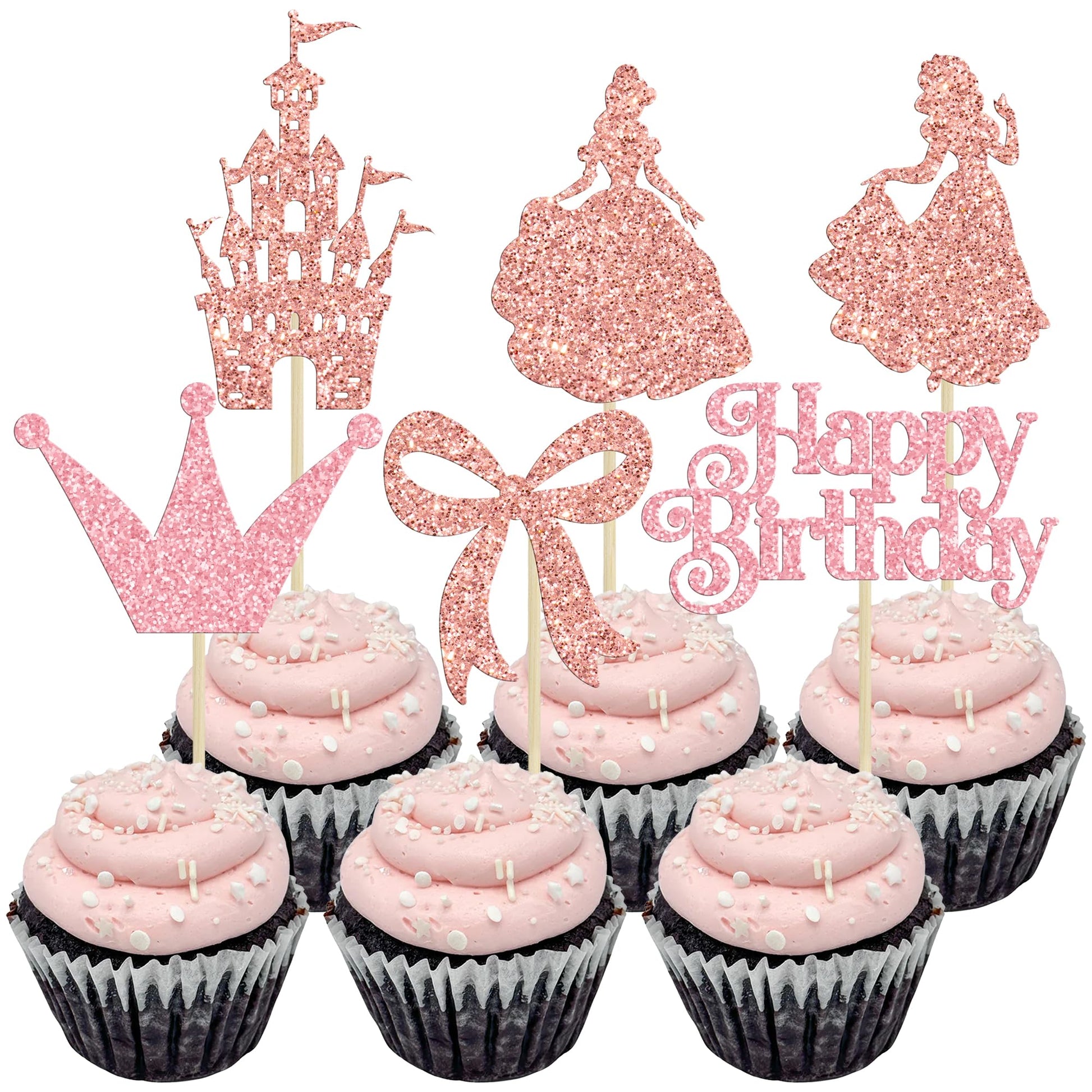 Gyufise Princess Cupcake Toppers, 24Pcs Glitter Castle & Bowknot Decorations, Rose Gold, 2.4x3.9 inches, for Birthday & Baby Shower Parties