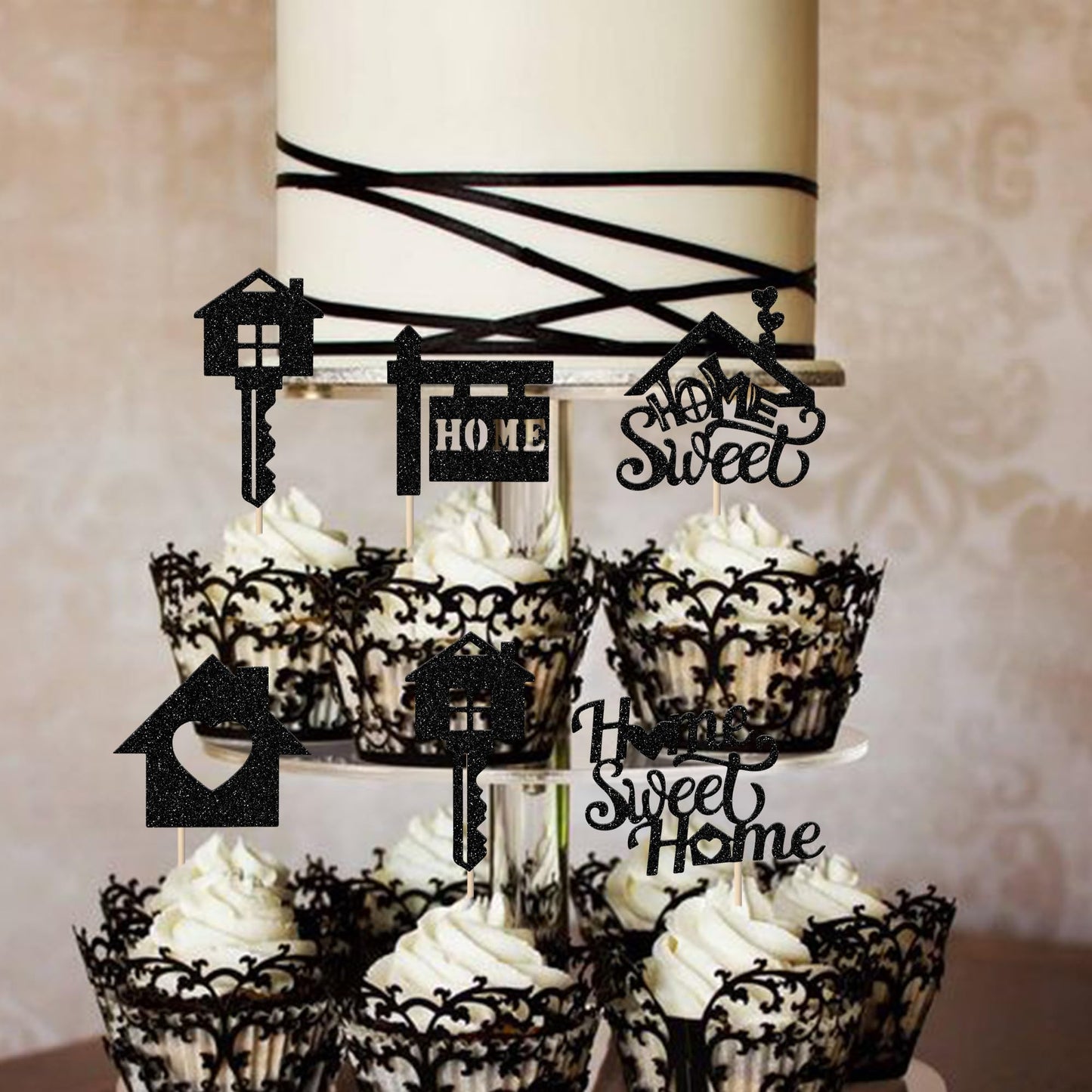 Rssta i Cupcake Toppers 30 Pack Paper Housewarming Decorations 2.8x4.6 inches Black Design 1