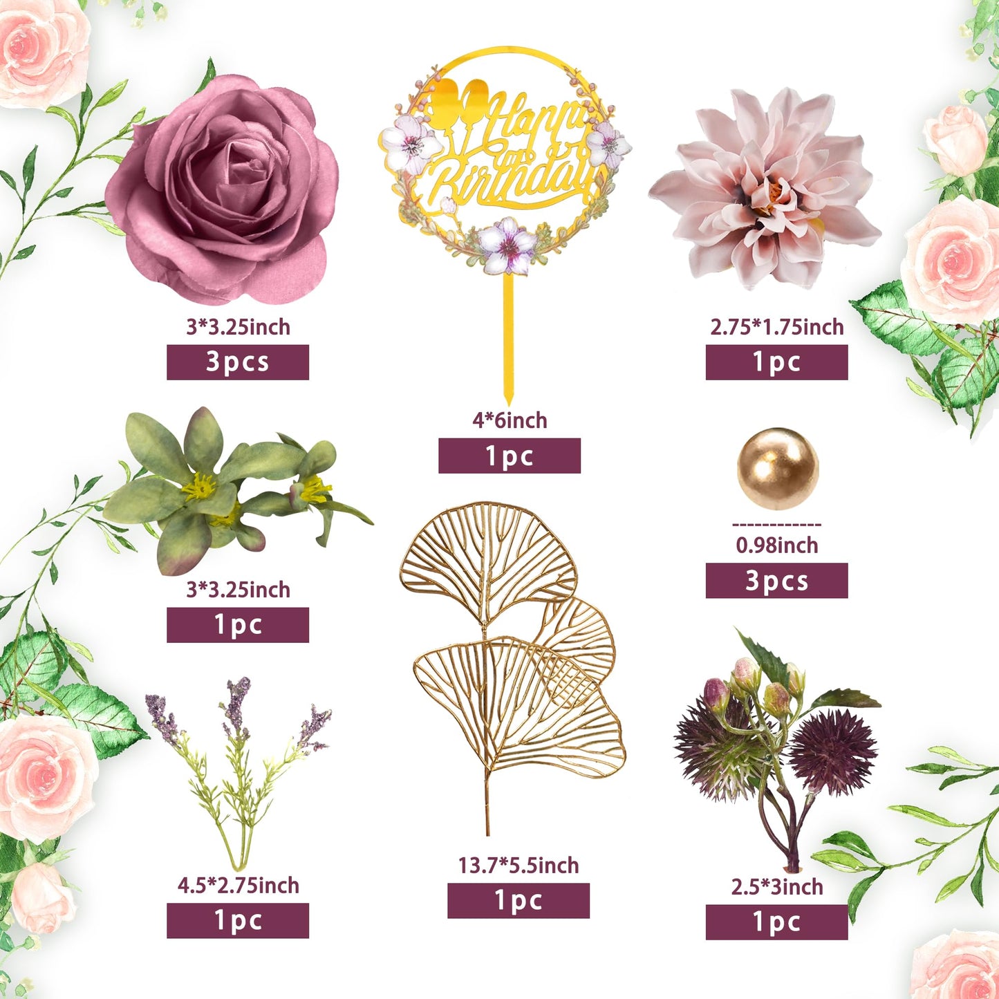 Flower Cake Toppers Happy Birthday Cake Toppers With Artificial Purple Rose Flowers Eucalyptu Leaves For Birthday Party Wedding