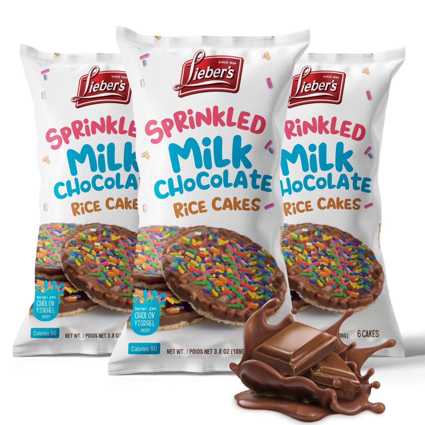 Liebers Sprinkled Topped Milk Chocolate Rice Cakes, Kosher Certified Dairy, Gluten Free Snack (Pack Of 3)