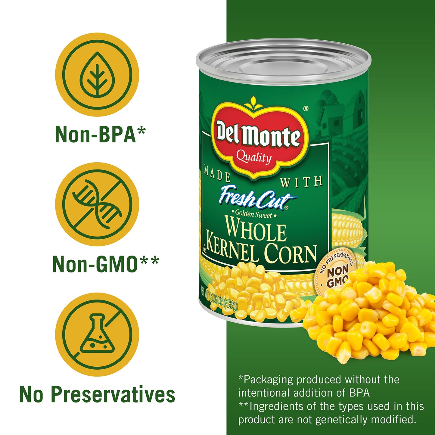 Del Monte Fresh Cut Golden Sweet Whole Kernel Corn Canned Vegetables, 4-Pack, 15.25 Oz Cans